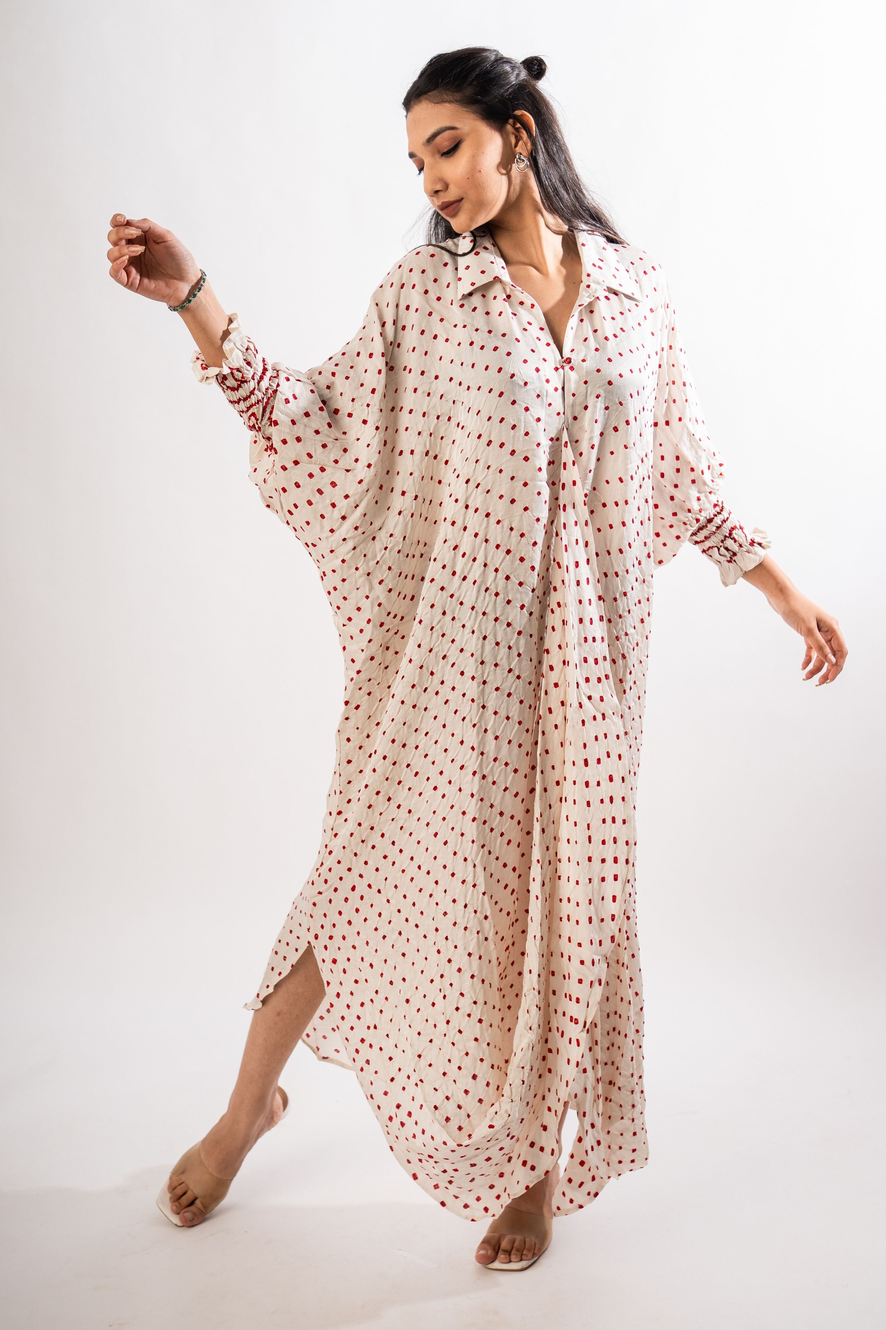 Ivory Gajji Dotted Front Tuck Dress
