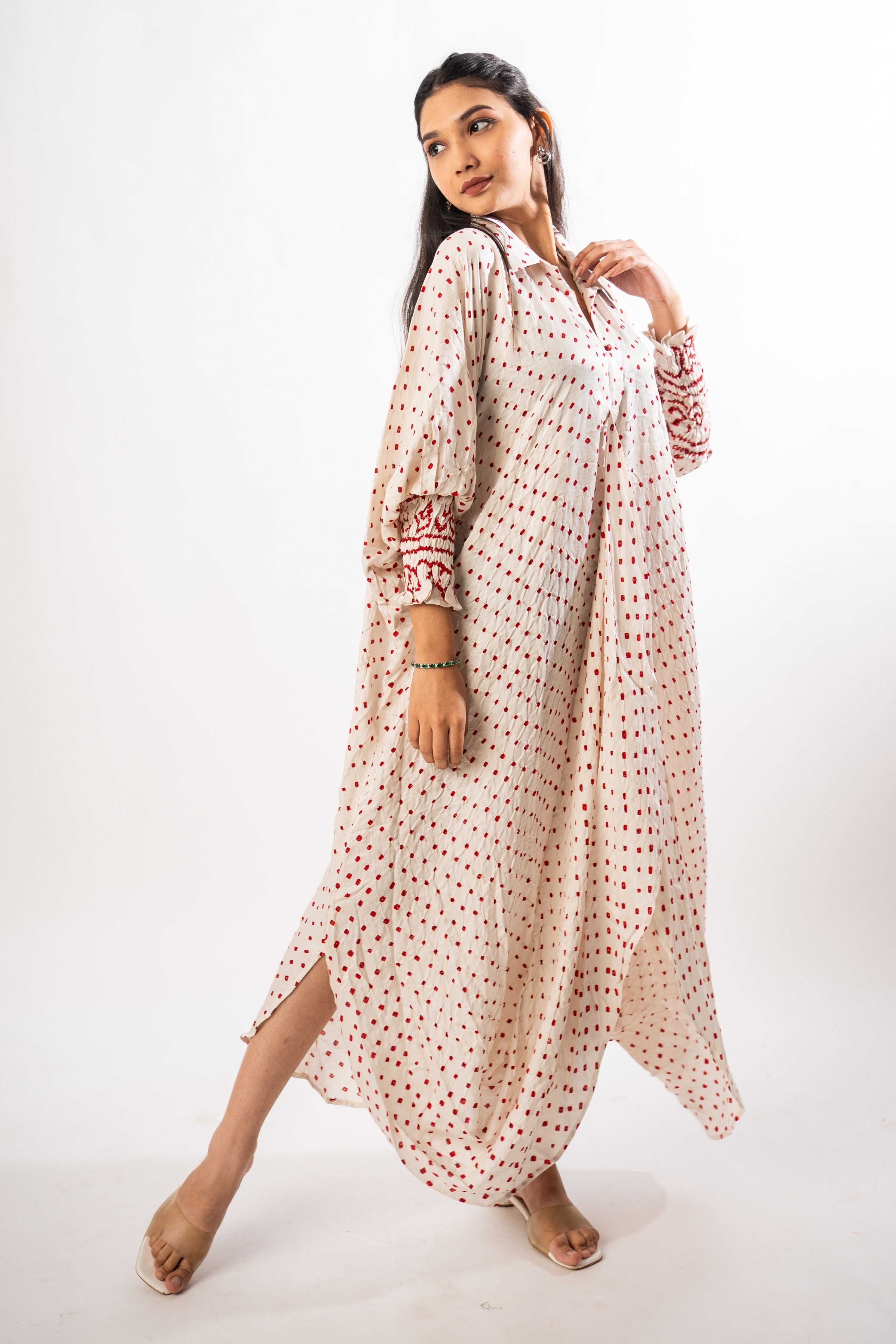 Ivory Gajji Dotted Front Tuck Dress