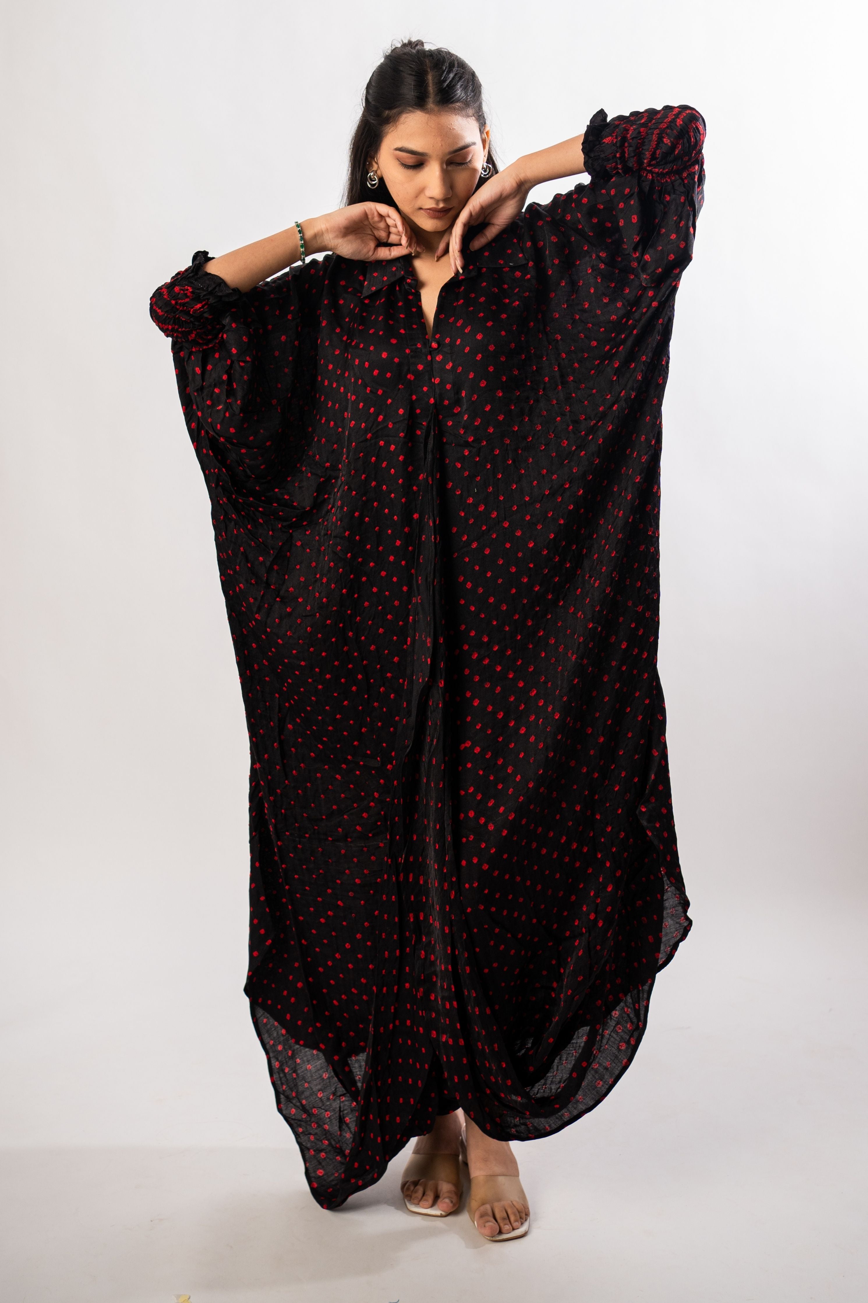Black Gajji Dotted Front Tuck Dress
