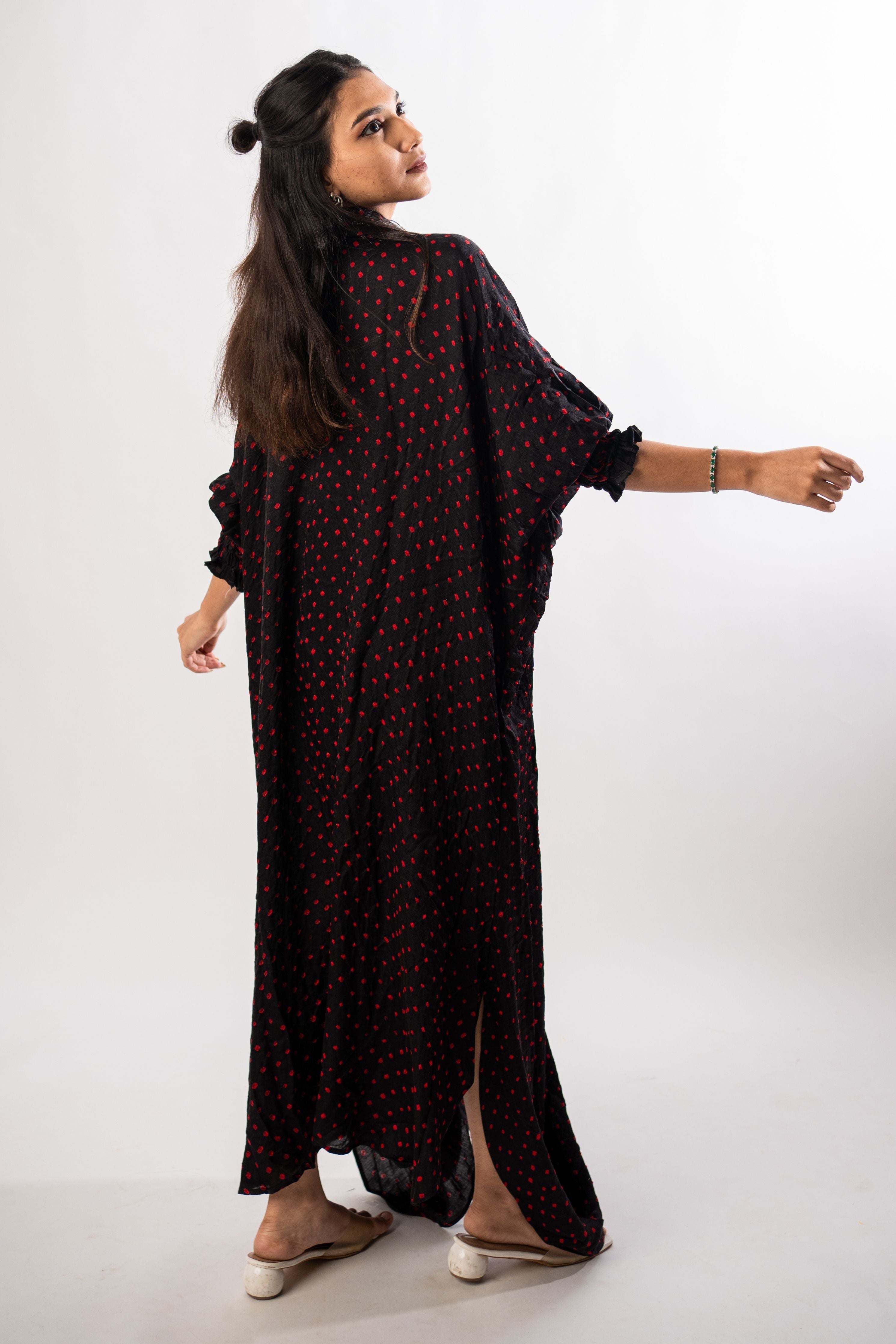 Black Gajji Dotted Front Tuck Dress