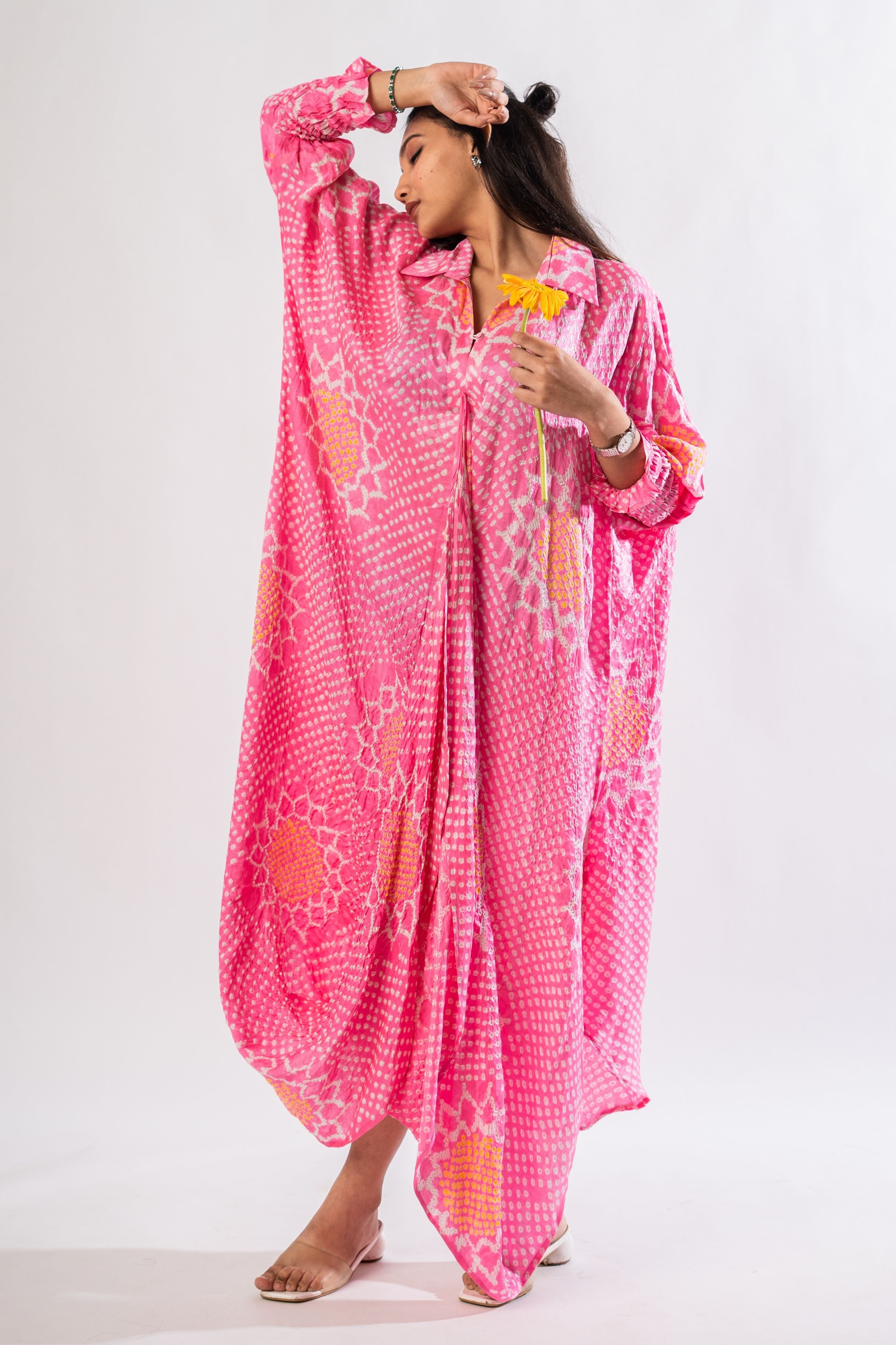 Peach Sunflower Gajji Front Tuck Dress