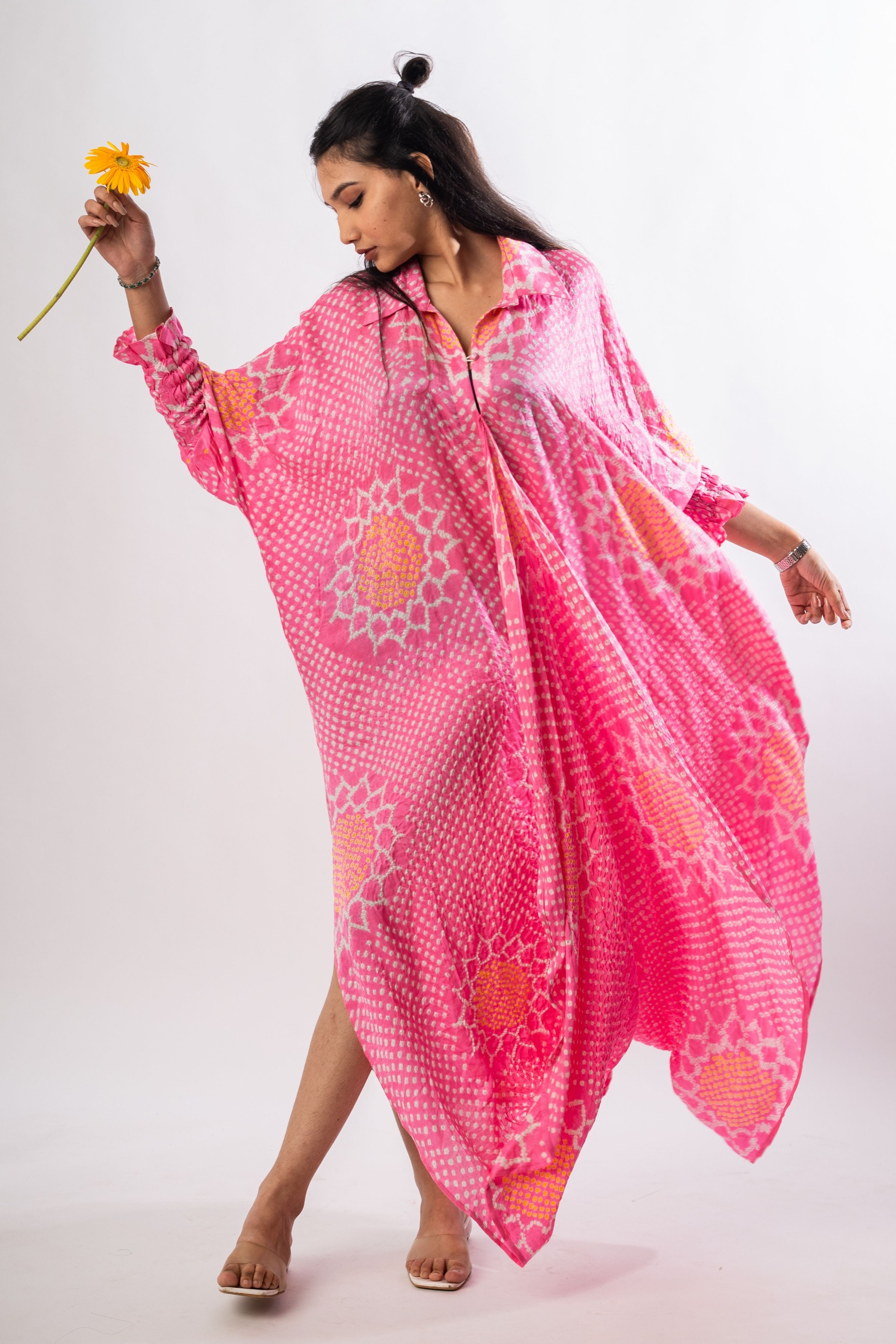 Peach Sunflower Gajji Front Tuck Dress