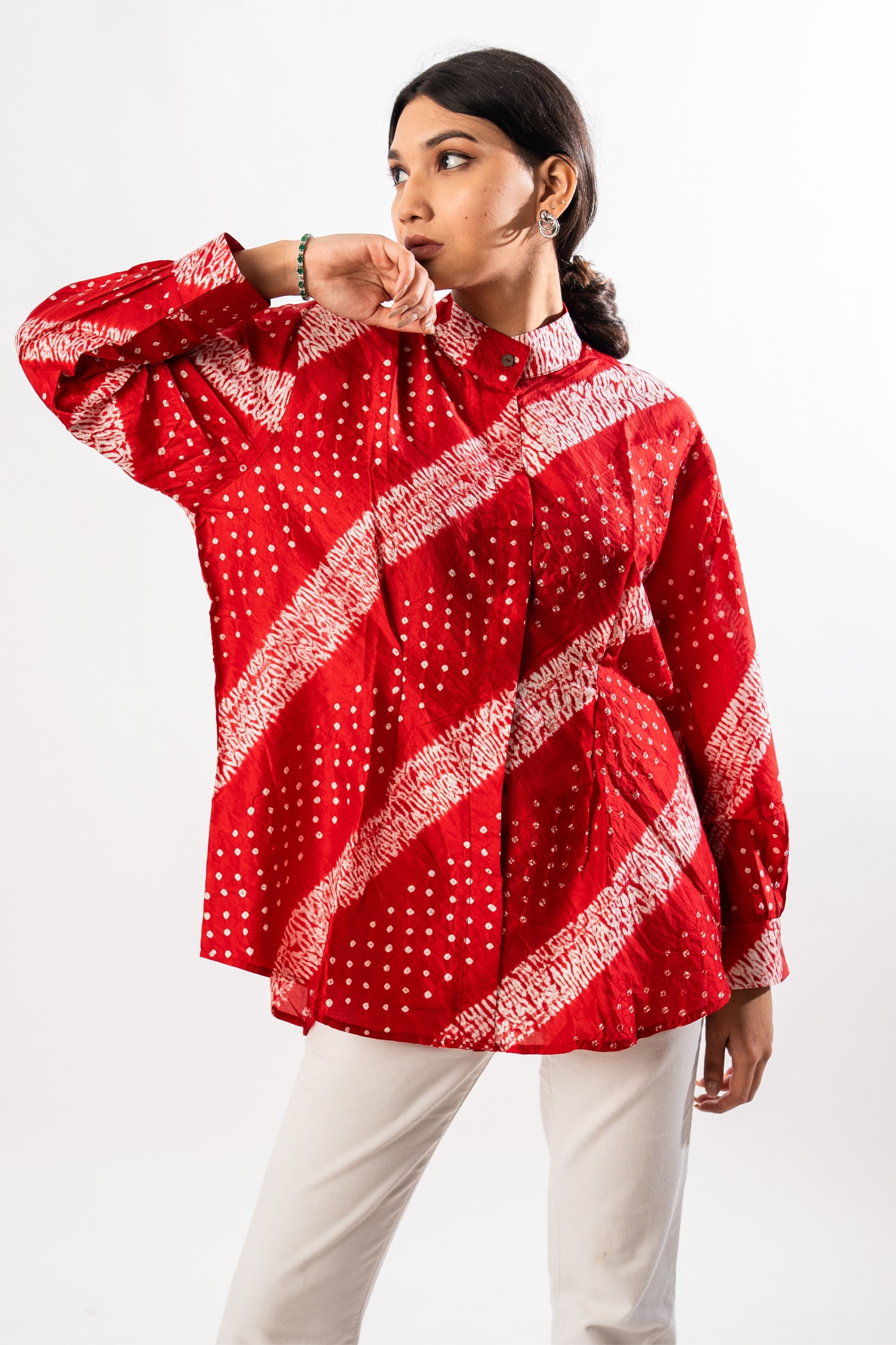 Red Bandhani Shibori Tuck Shirt