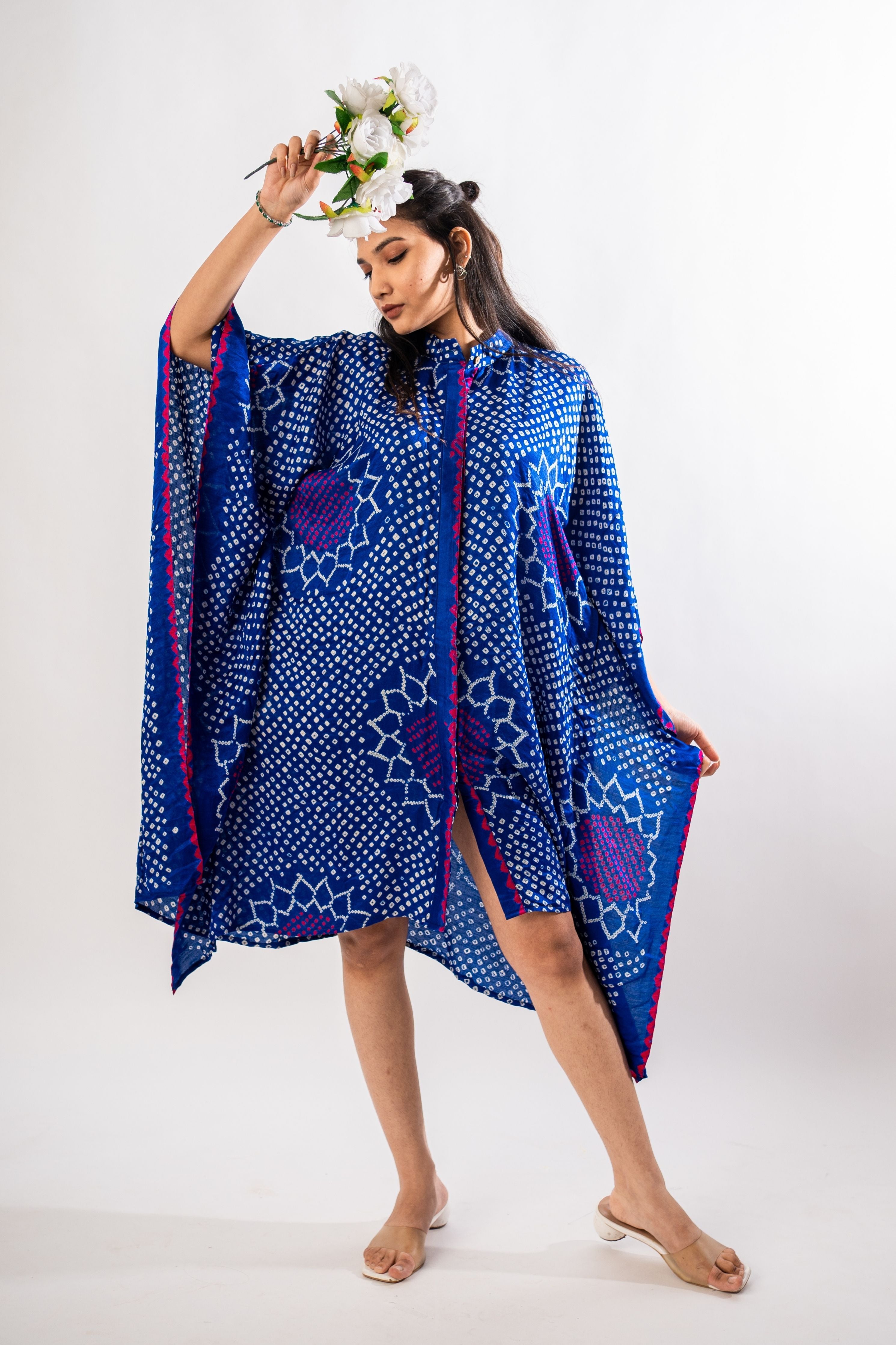 Blue China Collar Sunflower Kaftan Dress