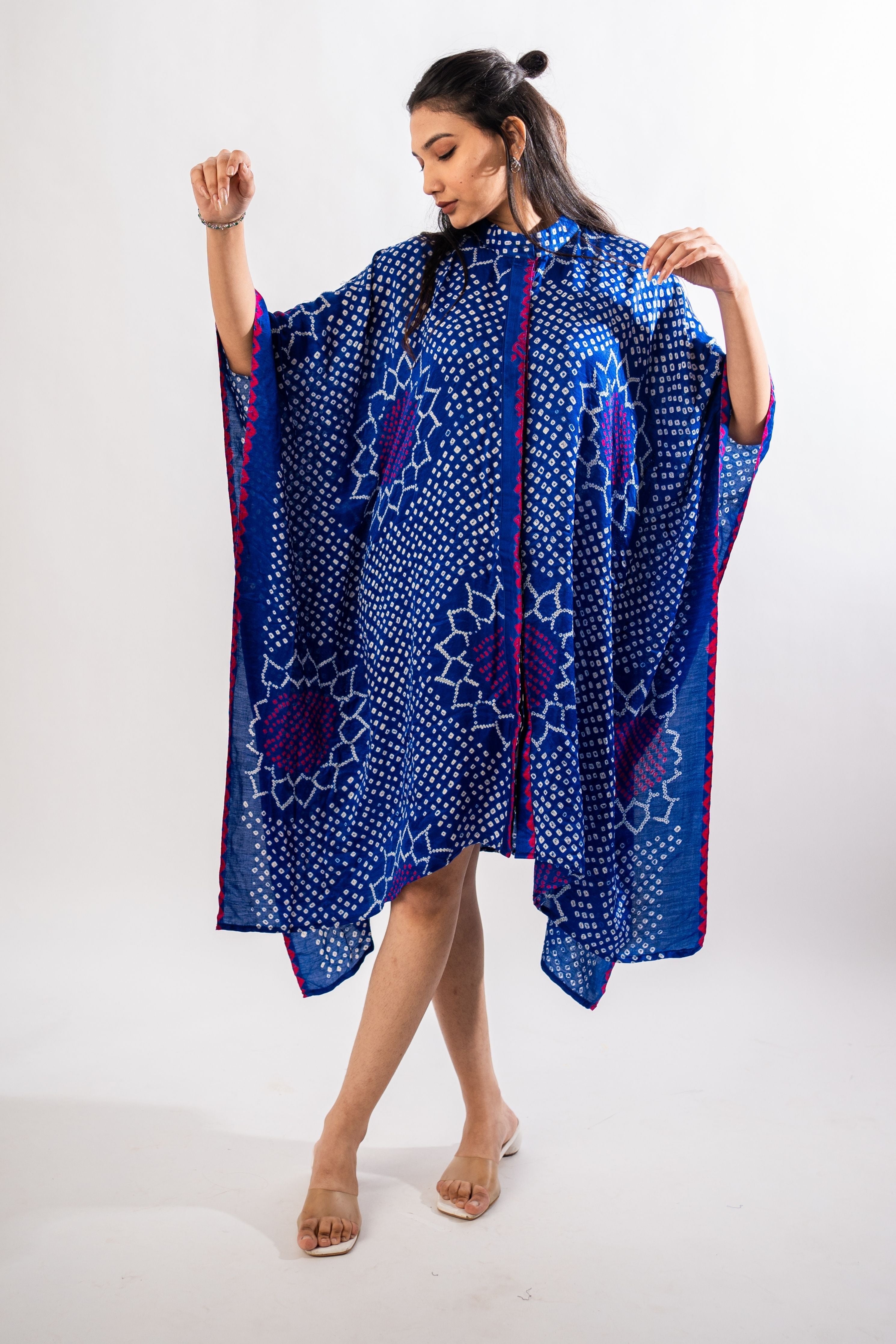 Blue China Collar Sunflower Kaftan Dress