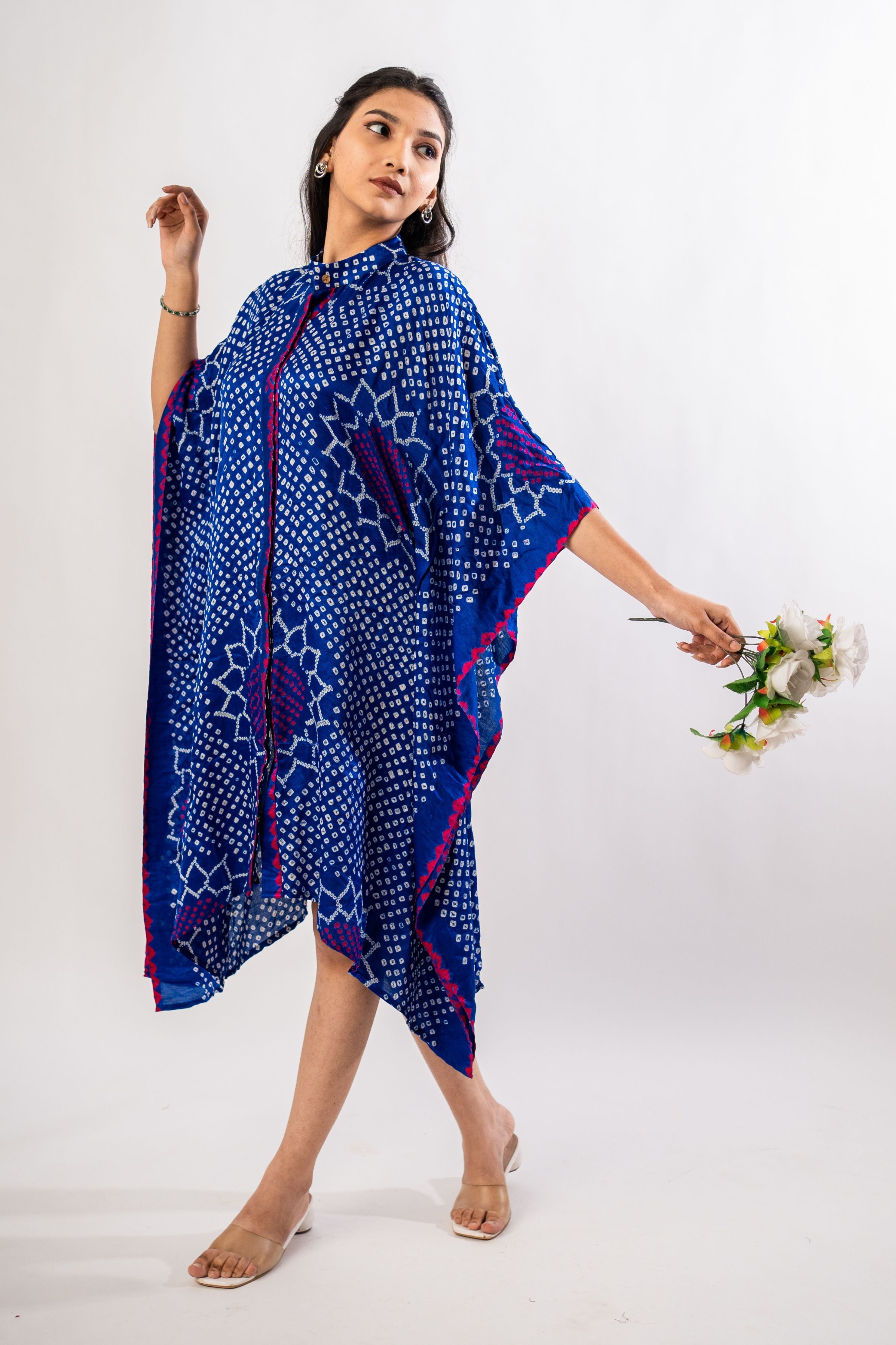Blue China Collar Sunflower Kaftan Dress