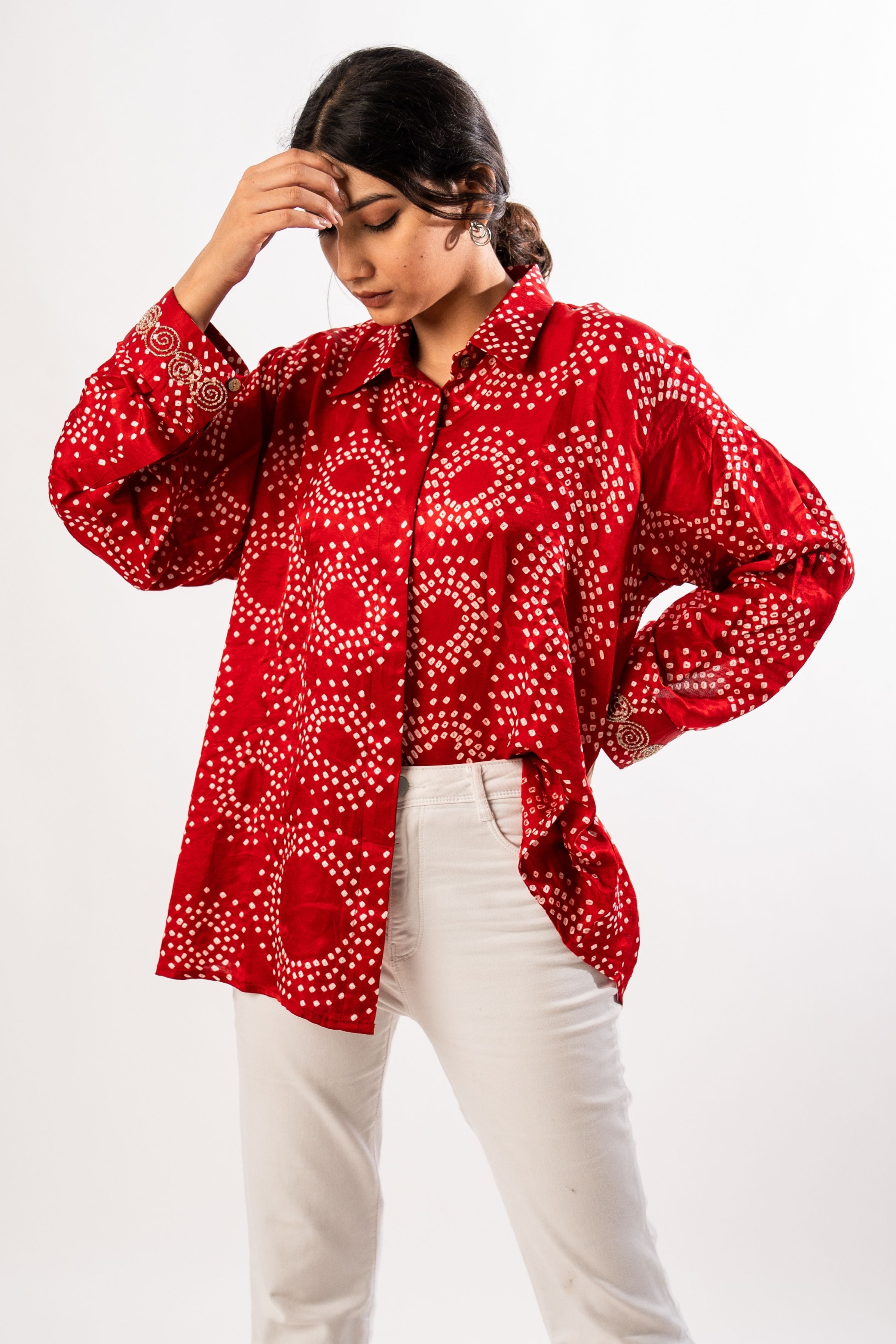 Gajji Silk Red Round Bandhani Shirt With Handwork