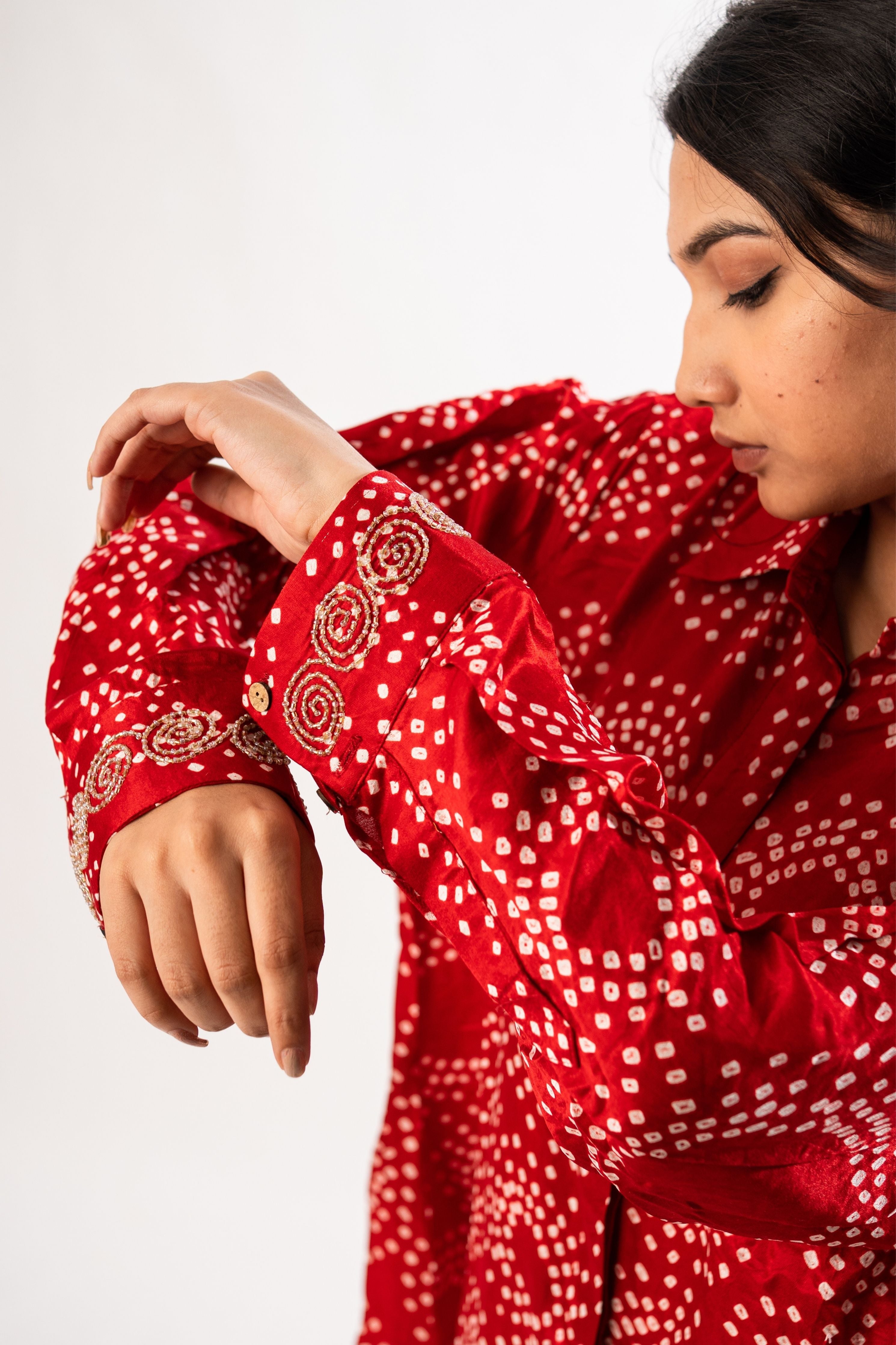 Gajji Silk Red Round Bandhani Shirt With Handwork
