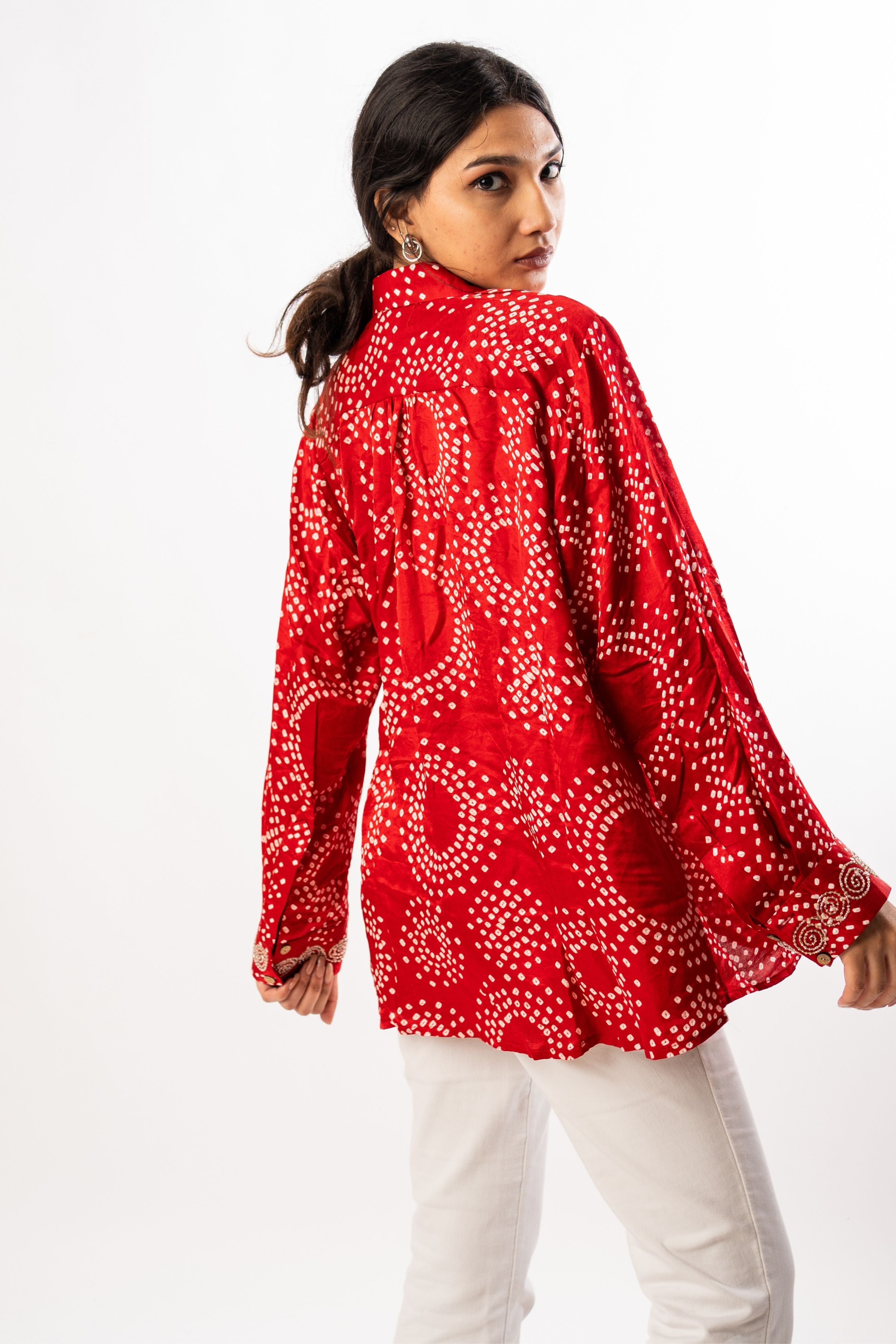 Gajji Silk Red Round Bandhani Shirt With Handwork