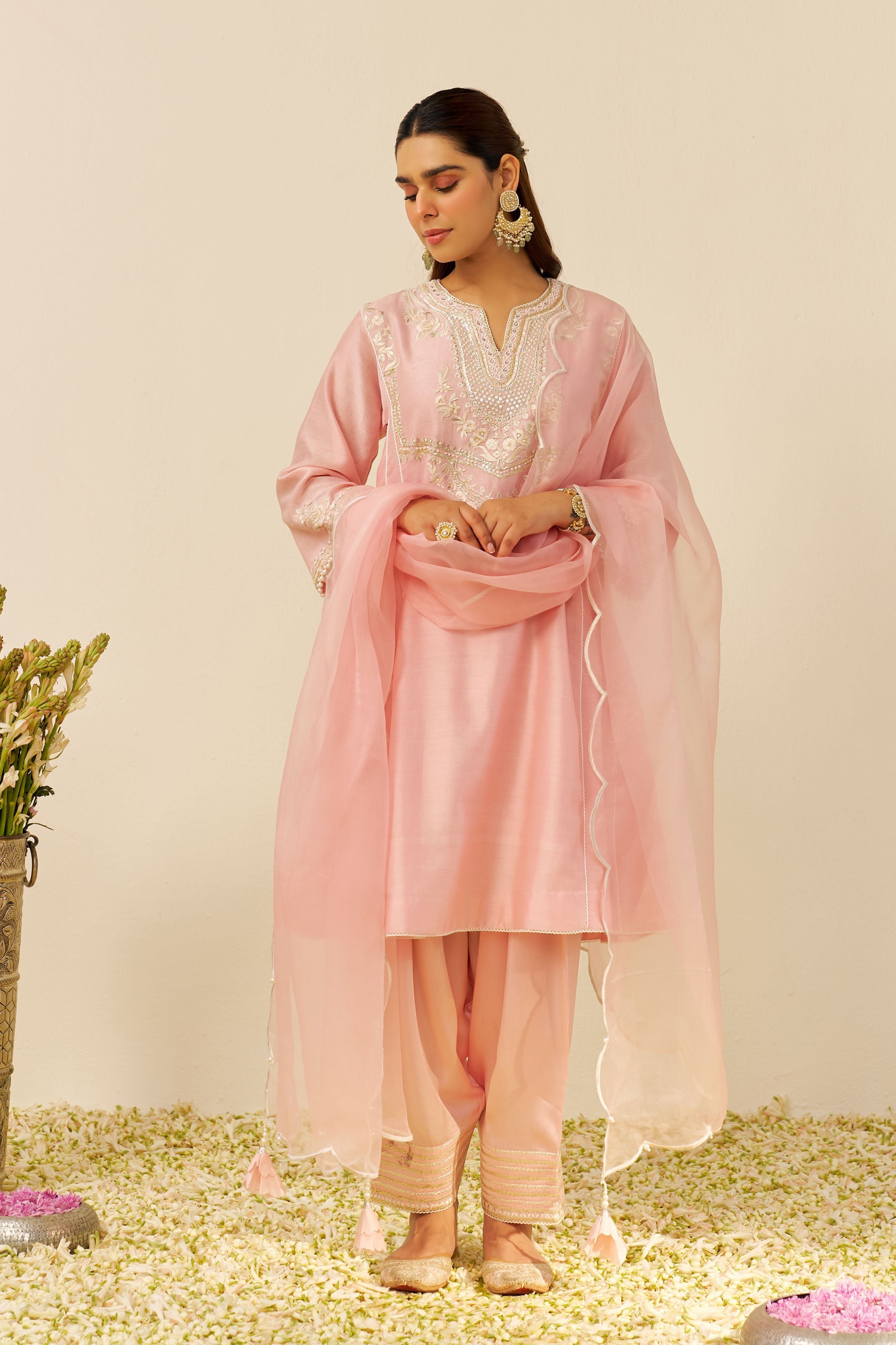 Blush Pink Short Chauga Set With Dupatta