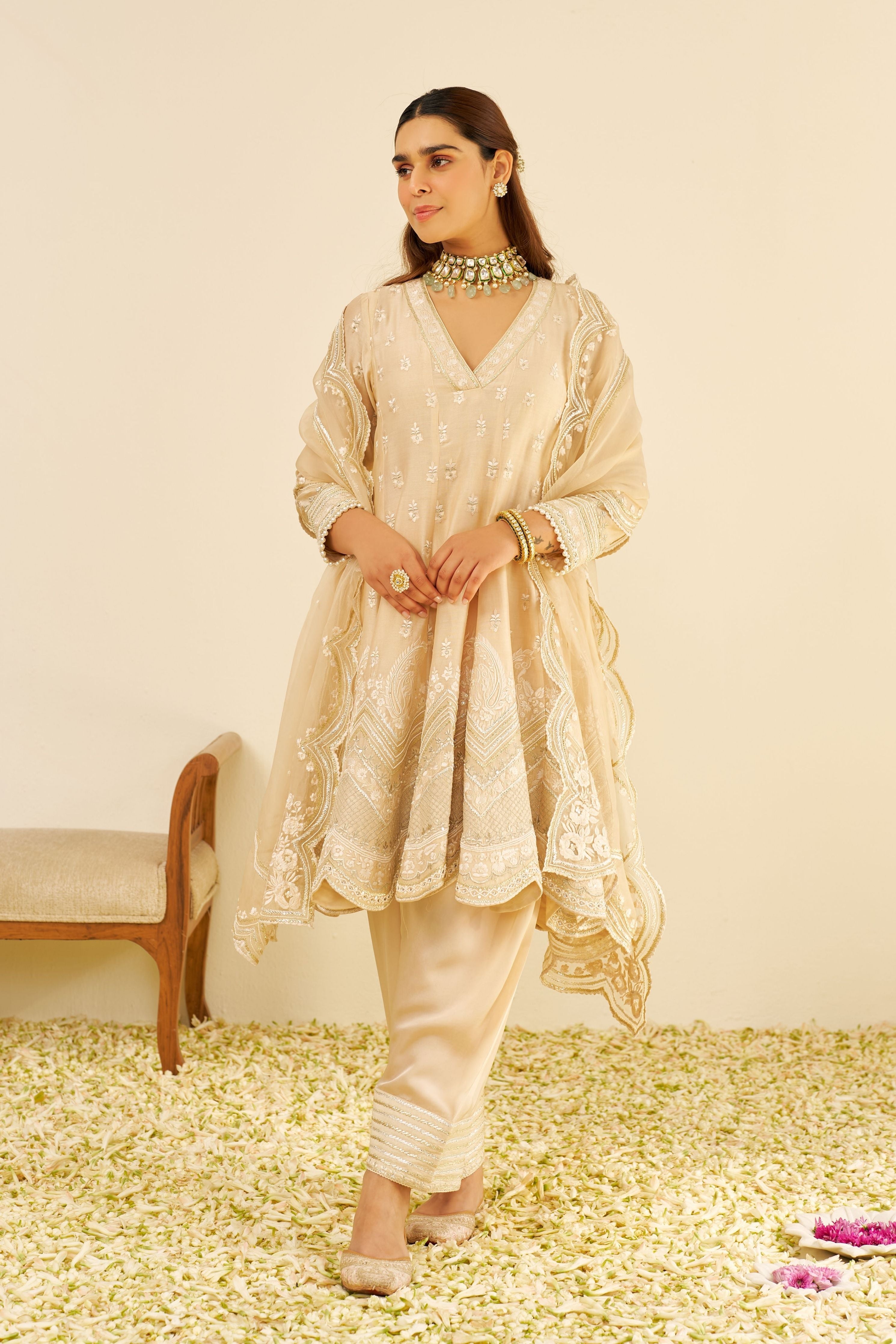 Meeram Short Beige Anarkali Set With Dupatta