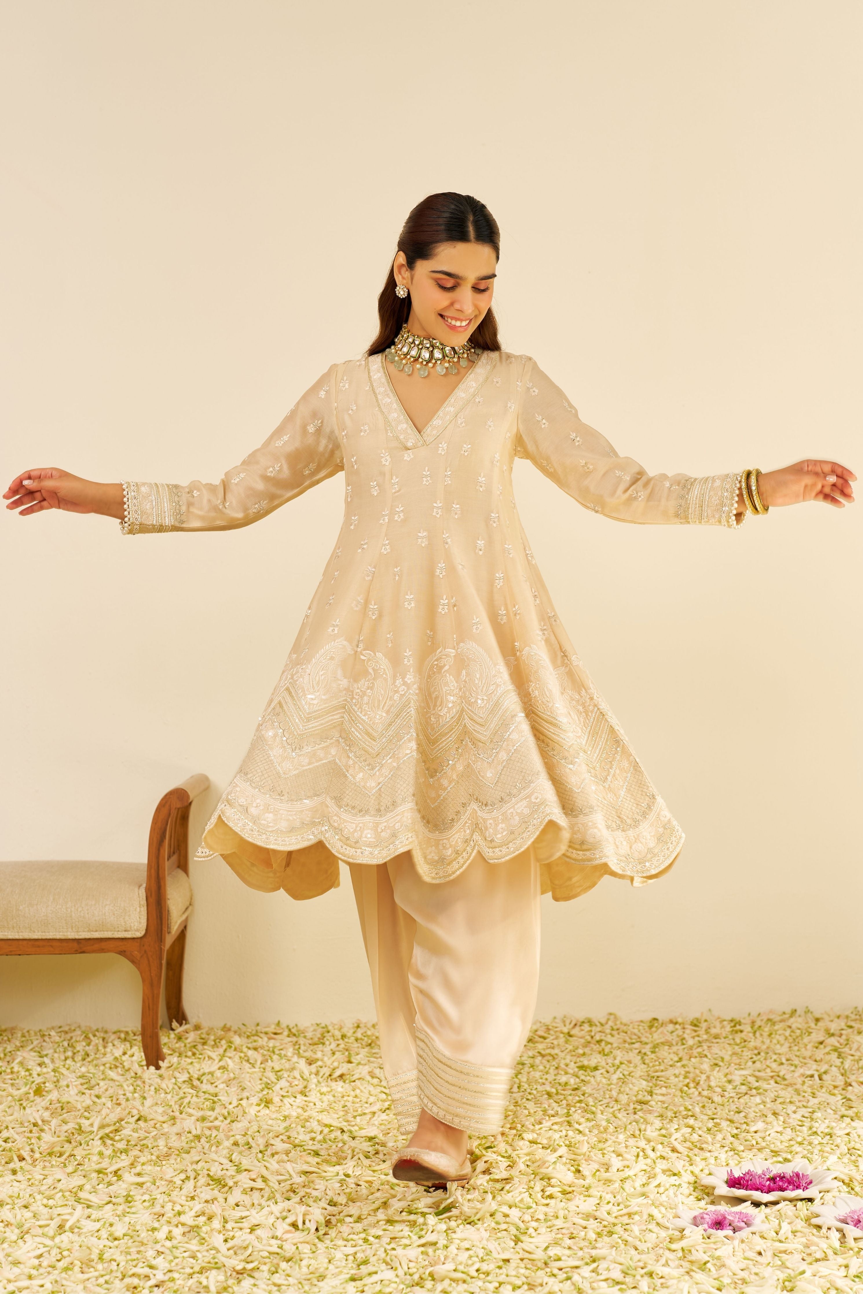 Meeram Short Beige Anarkali Set With Dupatta