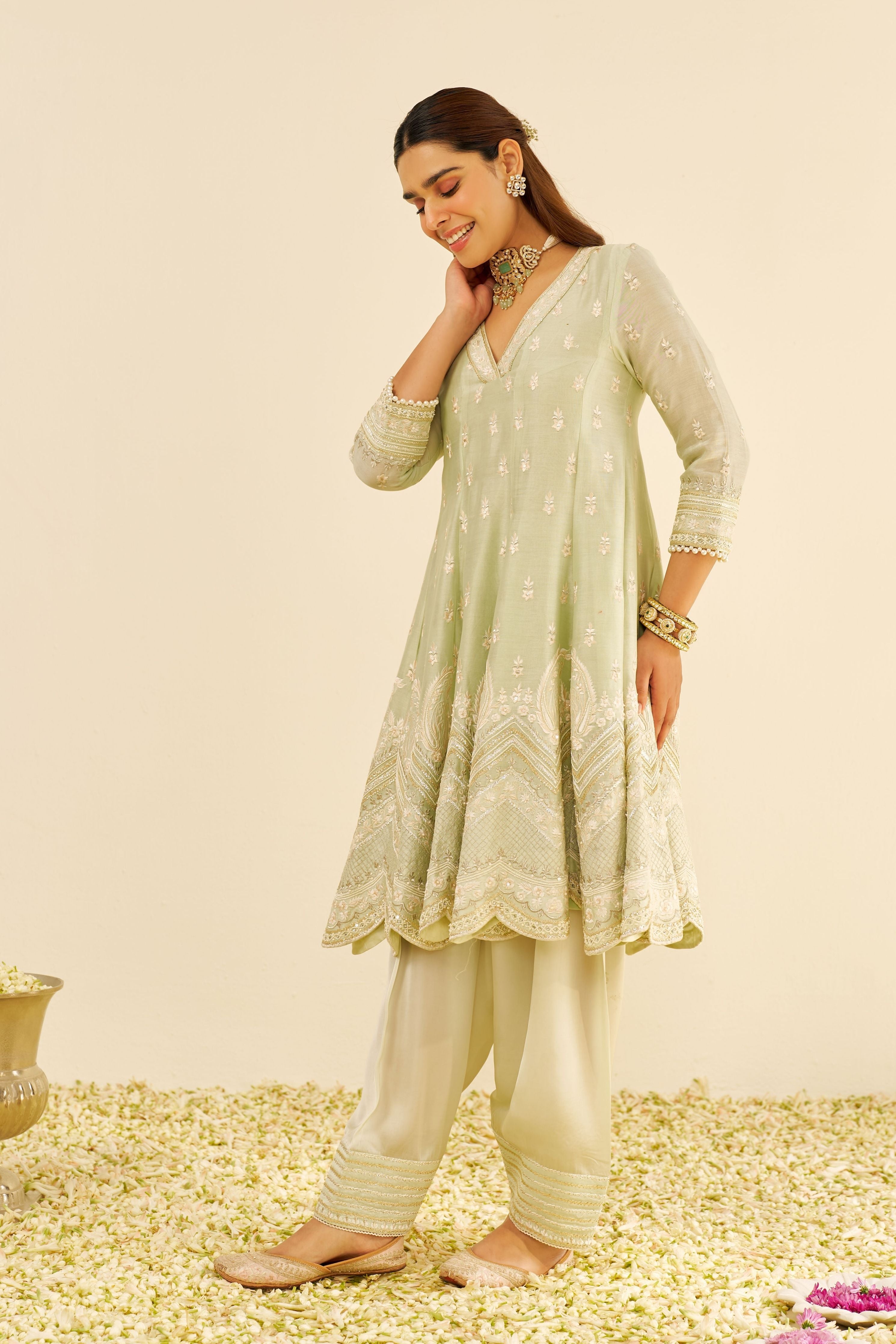 Meeram Short Mint Green Anarkali Set With Dupatta