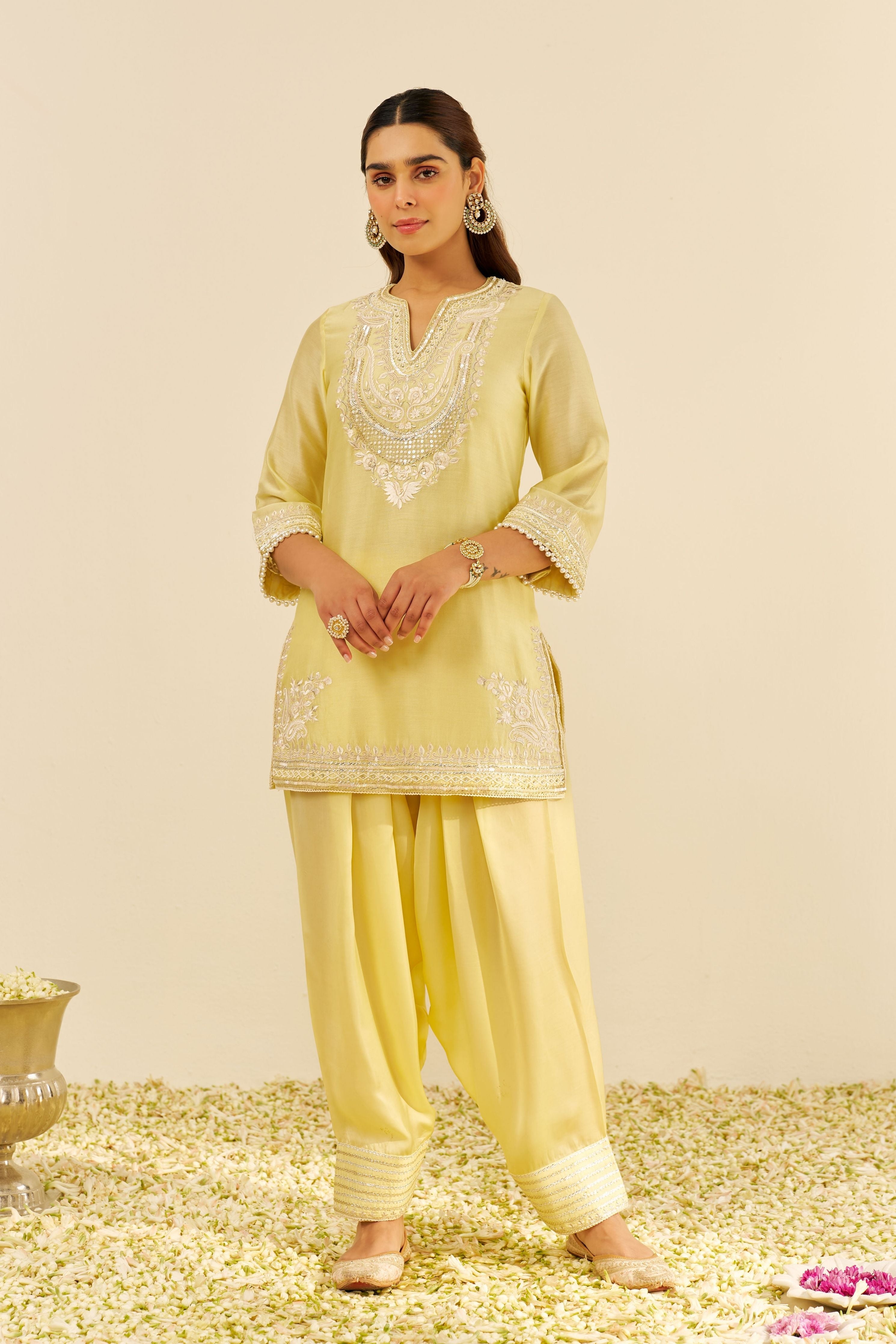 Sara Lemon Yellow Short Kurta Set With Dupatta