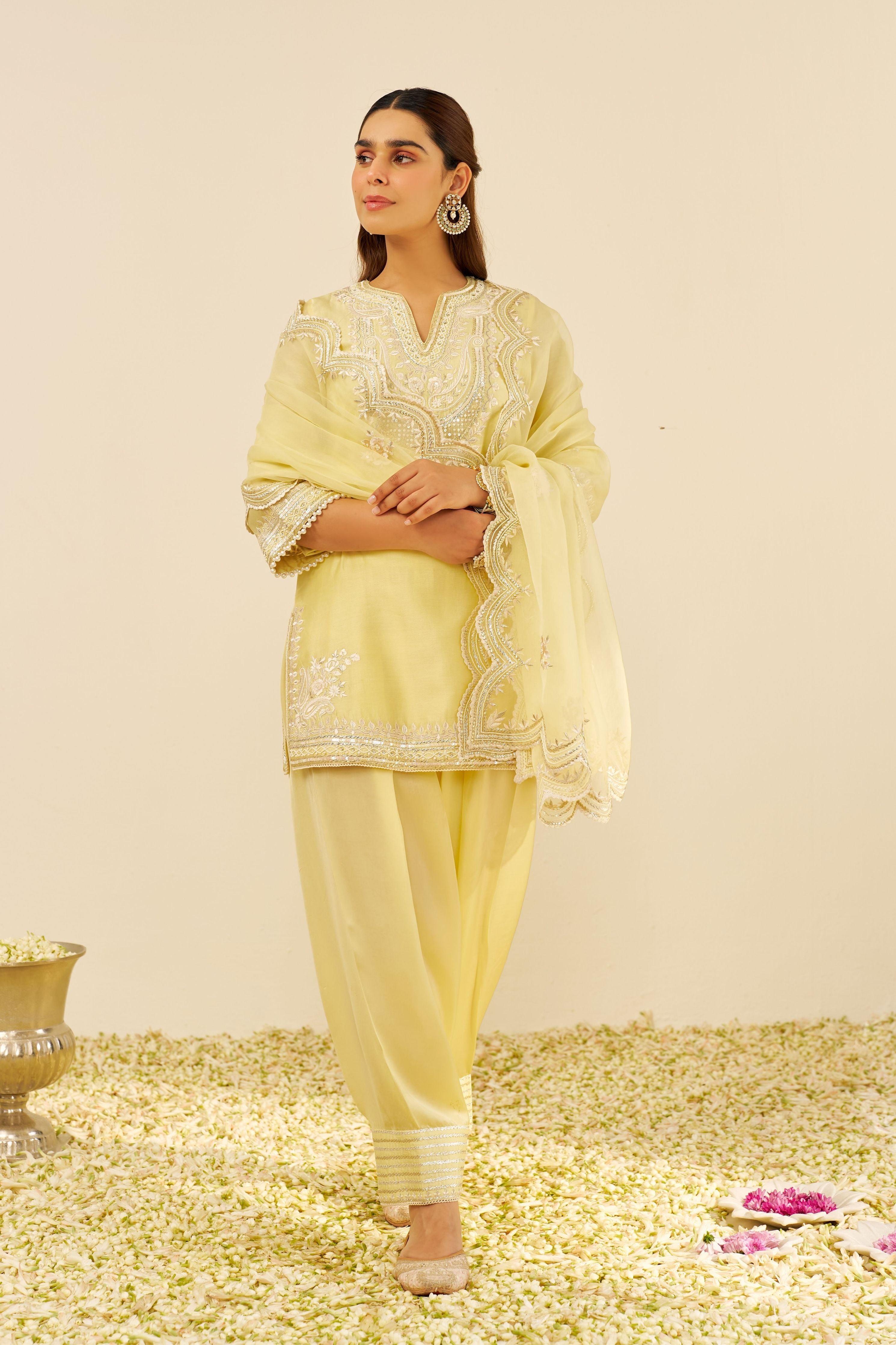 Sara Lemon Yellow Short Kurta Set With Dupatta