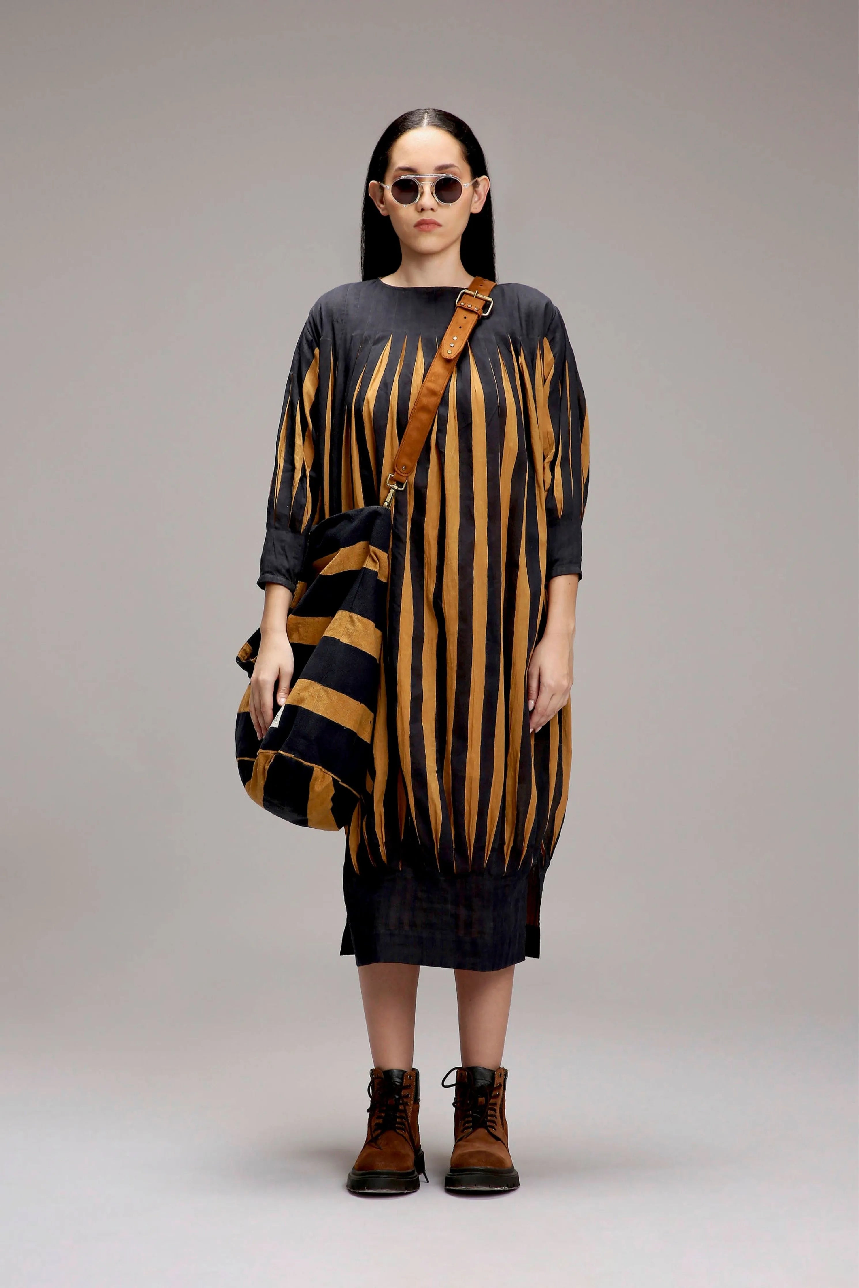 Tan-Brown Blue Striped Balloon Dress