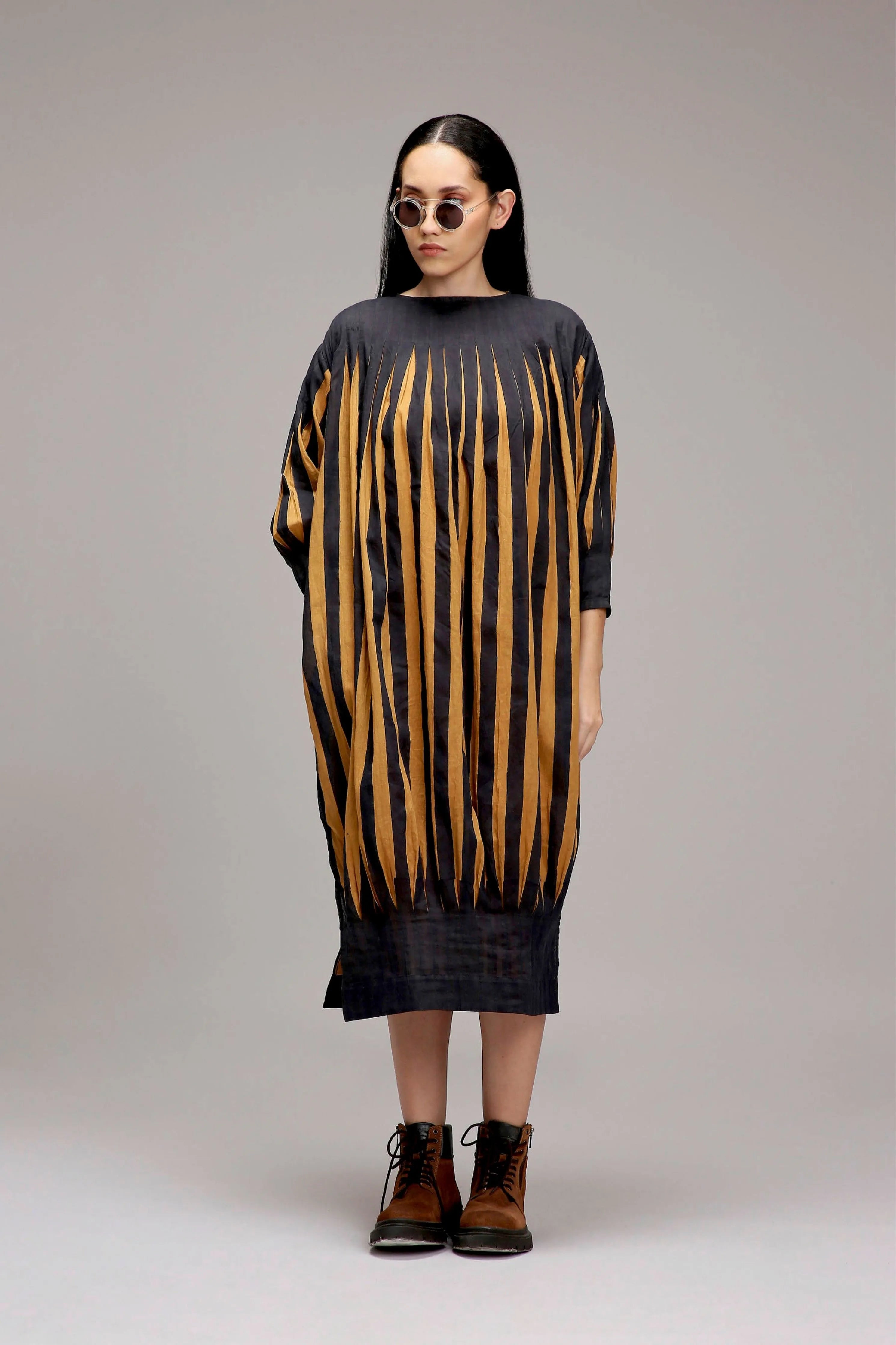 Tan-Brown Blue Striped Balloon Dress