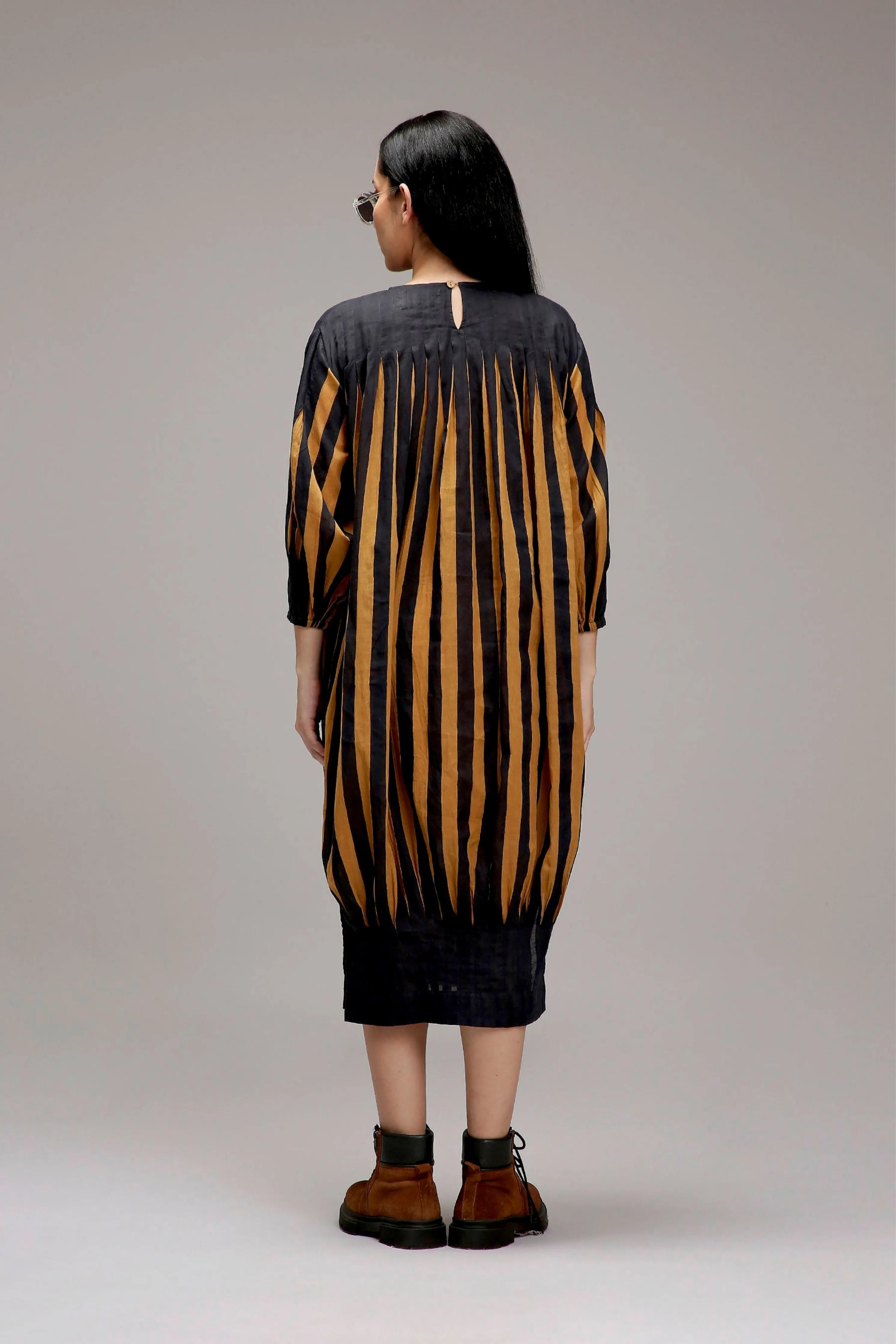 Tan-Brown Blue Striped Balloon Dress