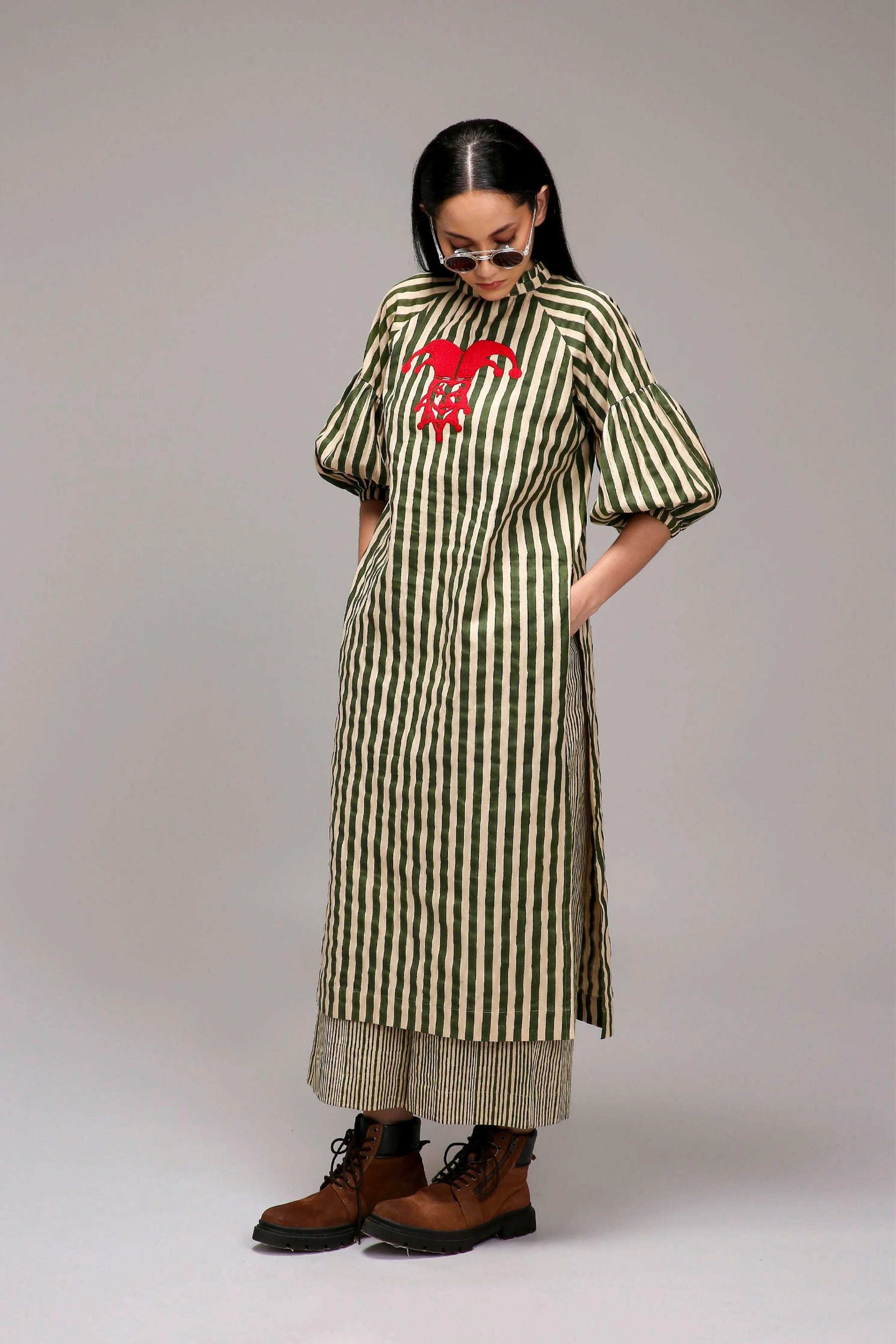 Egg-Shell Green Striped Big Joker Tunic Set