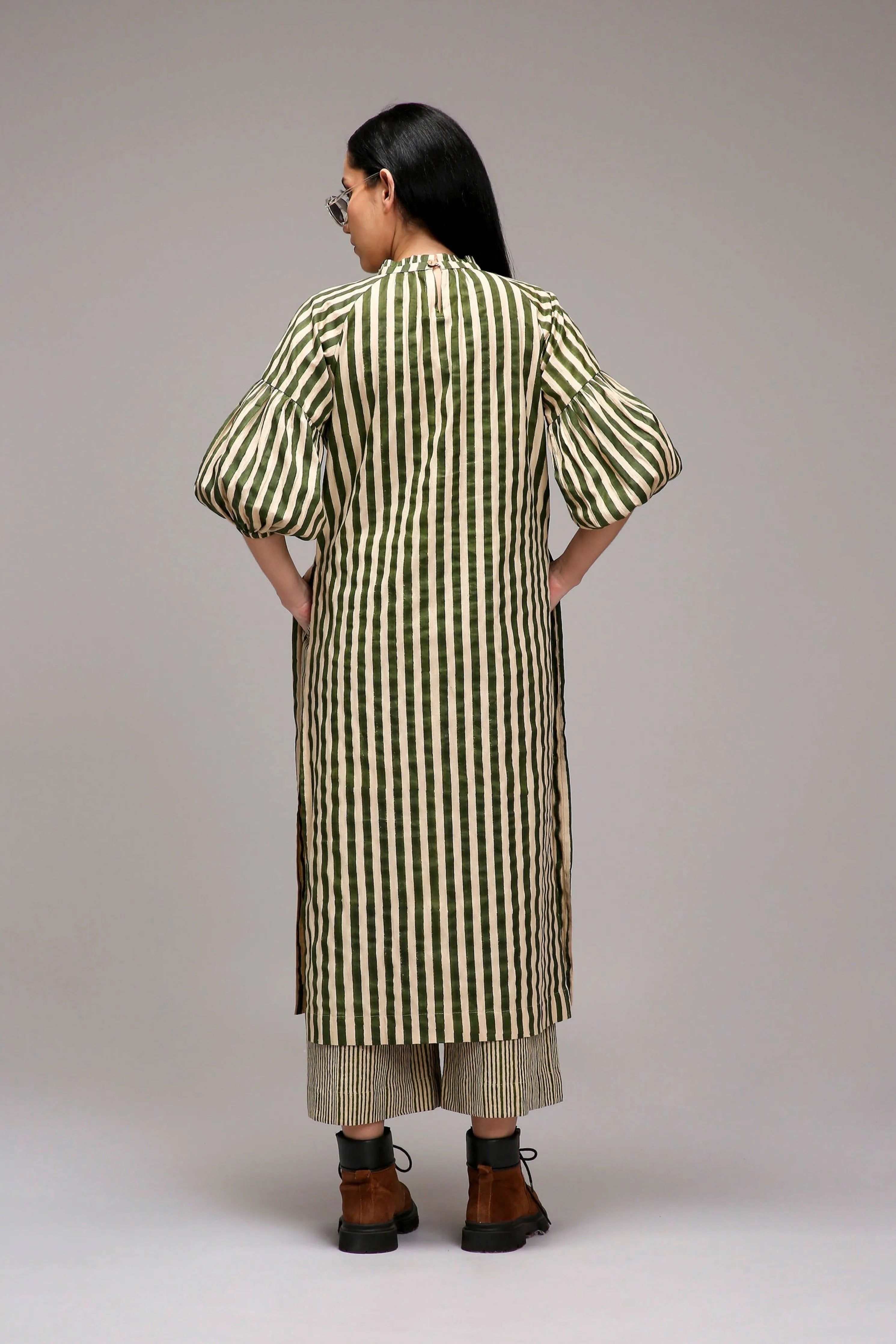 Egg-Shell Green Striped Big Joker Tunic Set