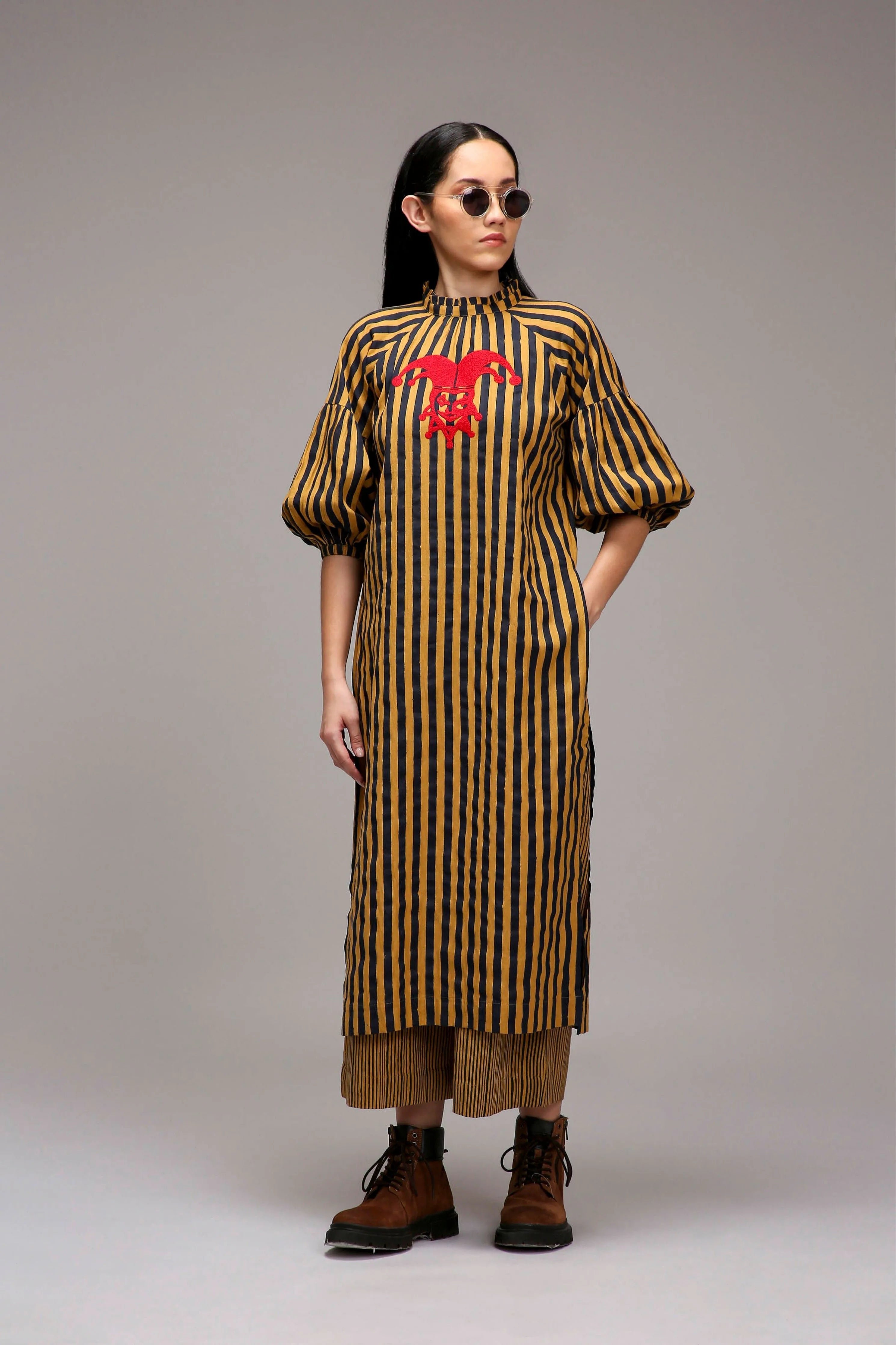 Tan-Brown Blue Striped Big Joker Tunic Set