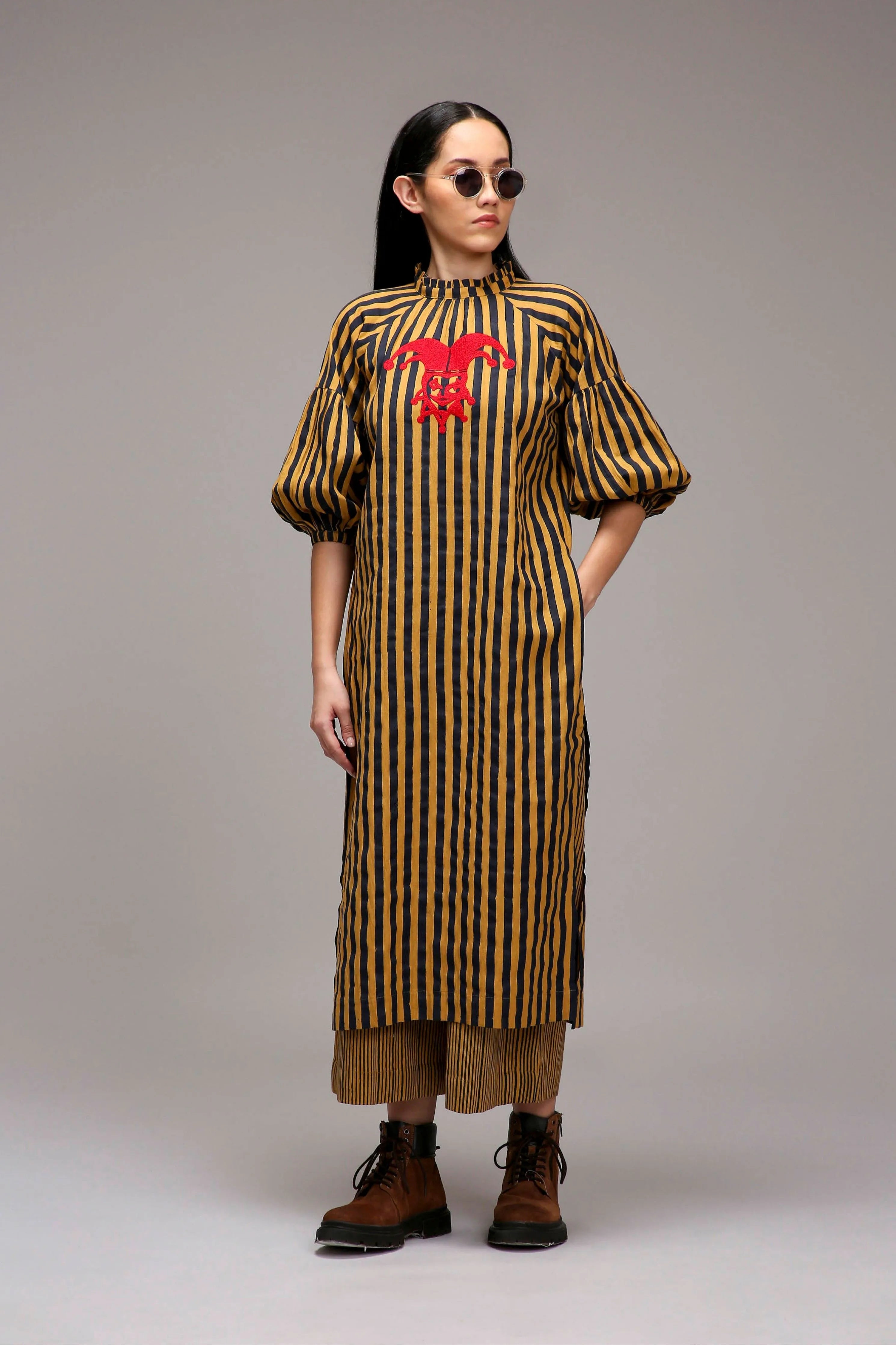 Tan-Brown Blue Striped Big Joker Tunic Set