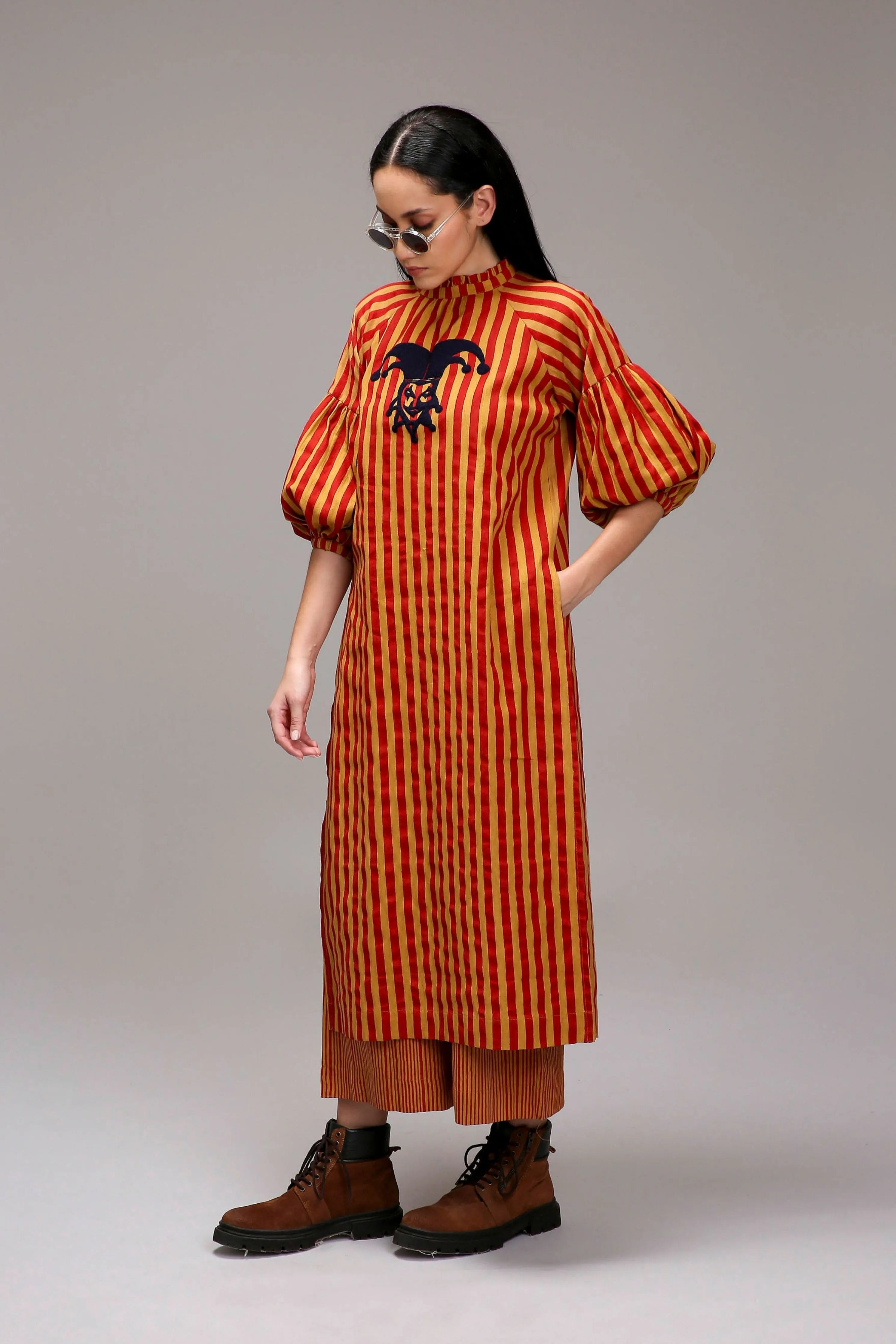 Tan-Brown Red Striped Big Joker Tunic Set