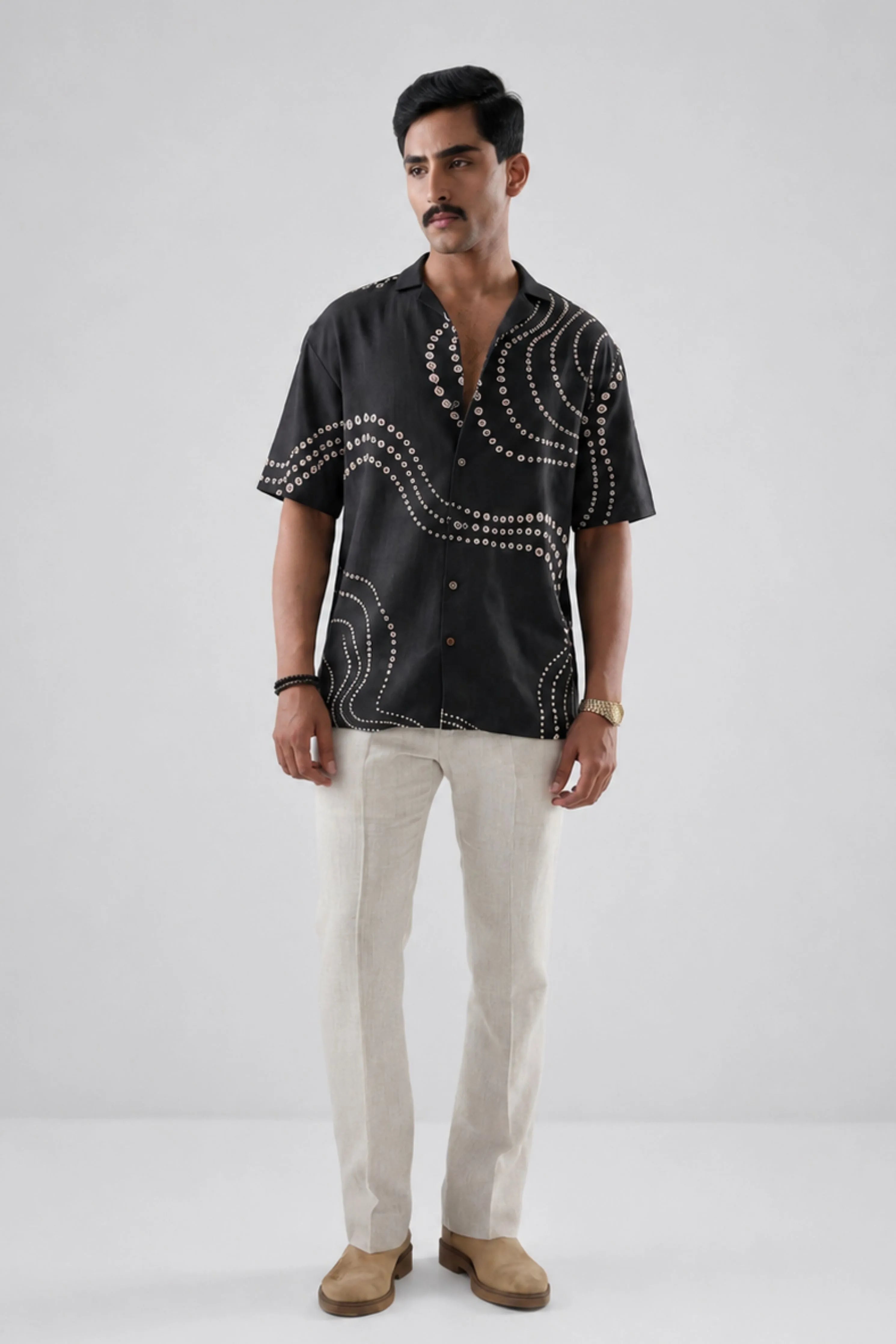 Black Bandhani Cuban Collar Shirt