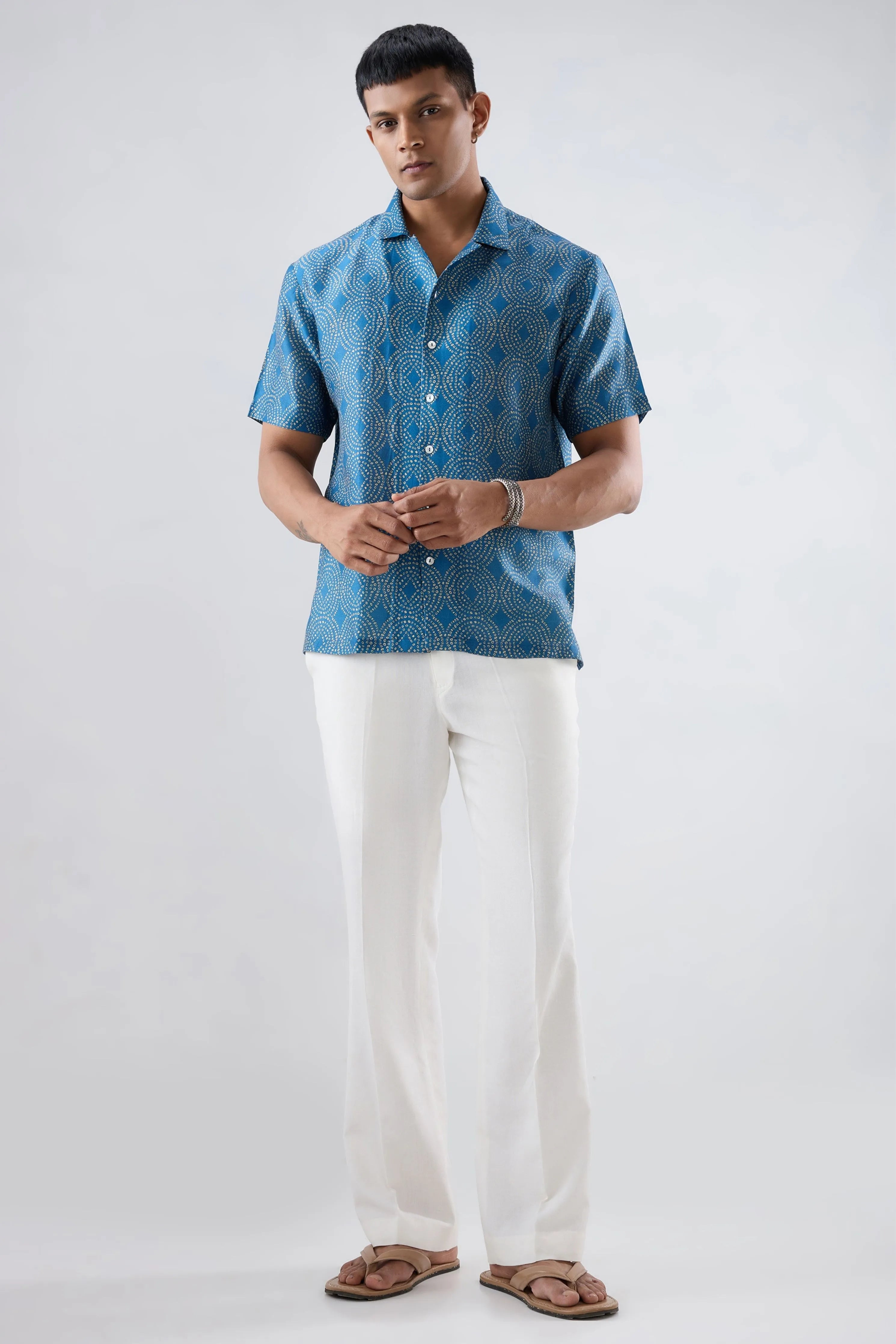Dark Blue Bandhani Cuban Collar Shirt