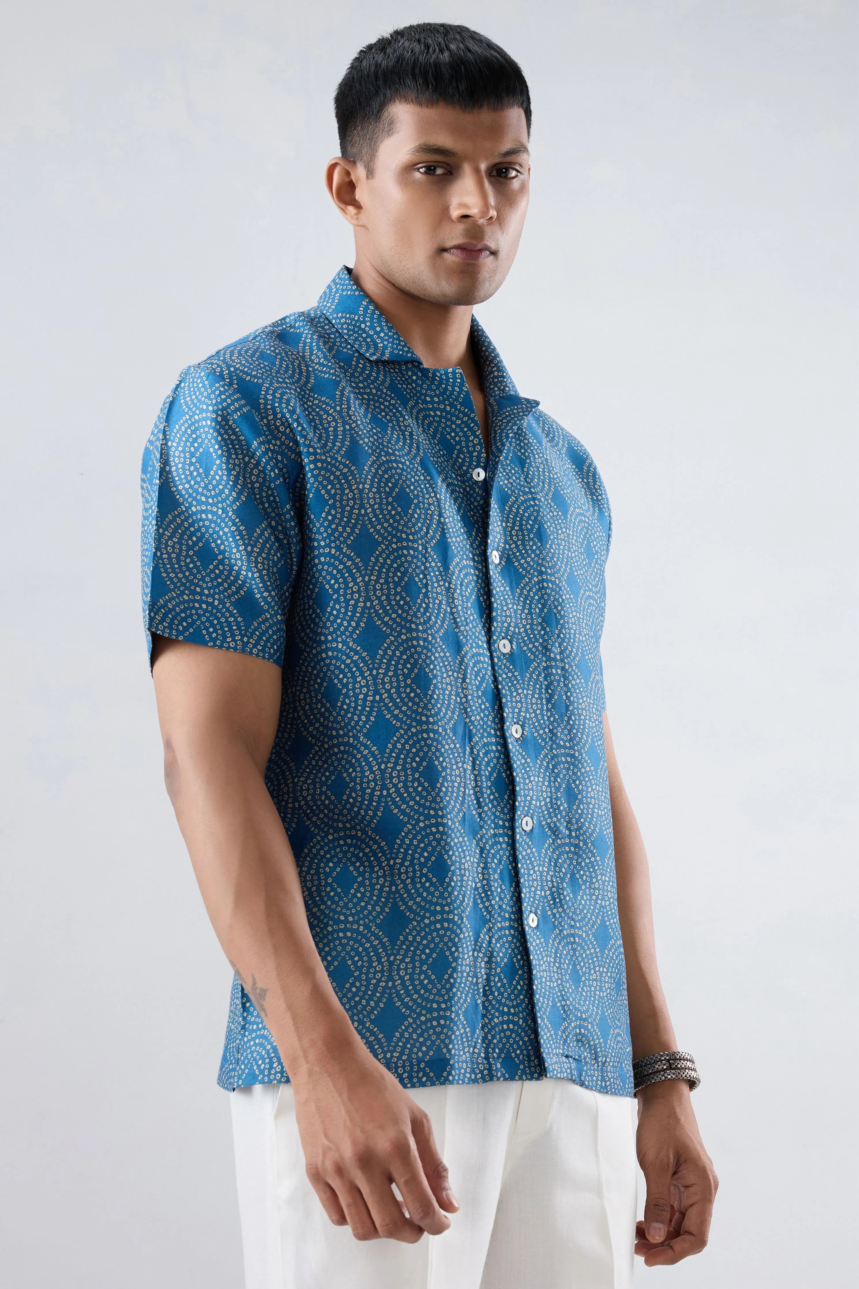 Dark Blue Bandhani Cuban Collar Shirt