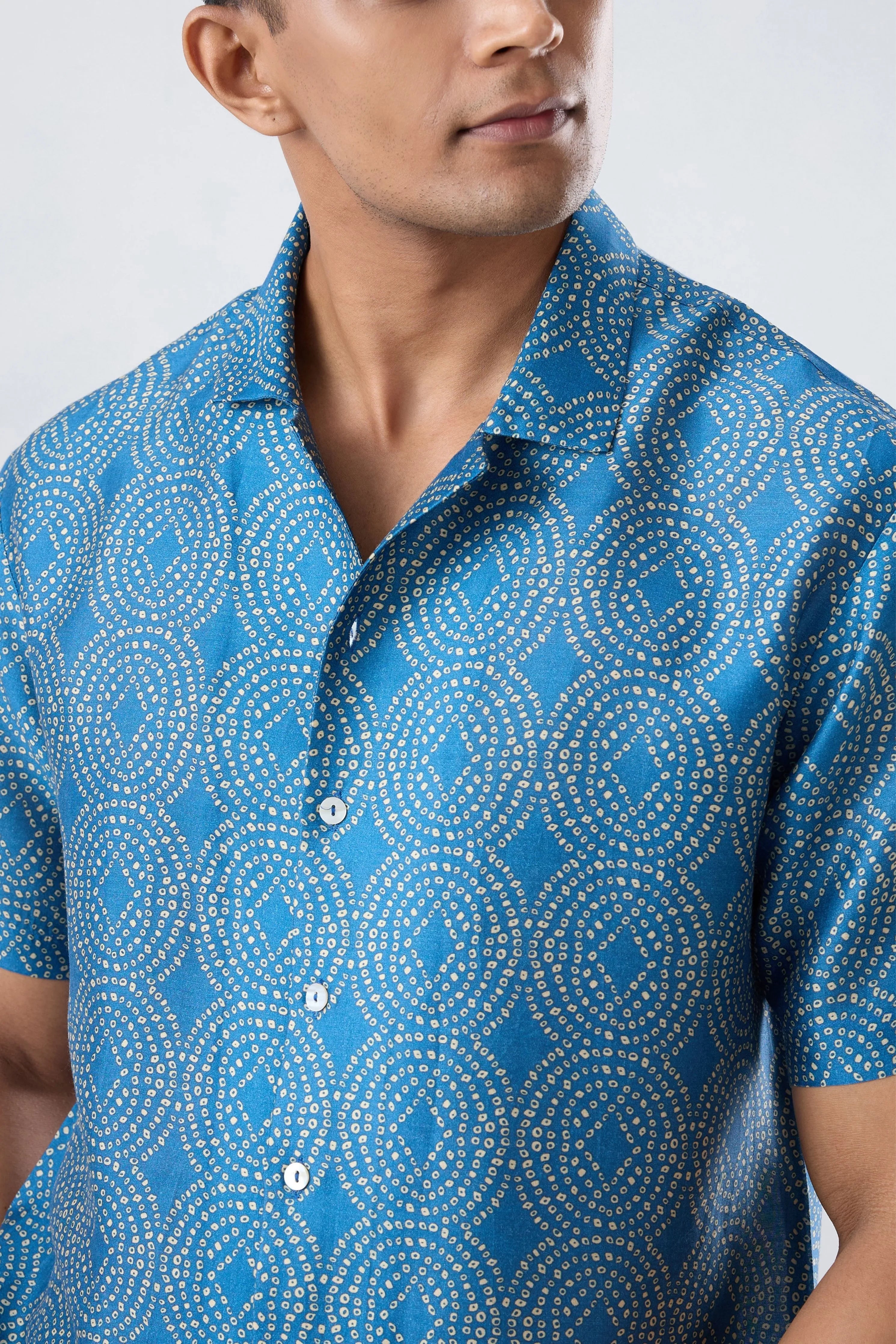 Dark Blue Bandhani Cuban Collar Shirt