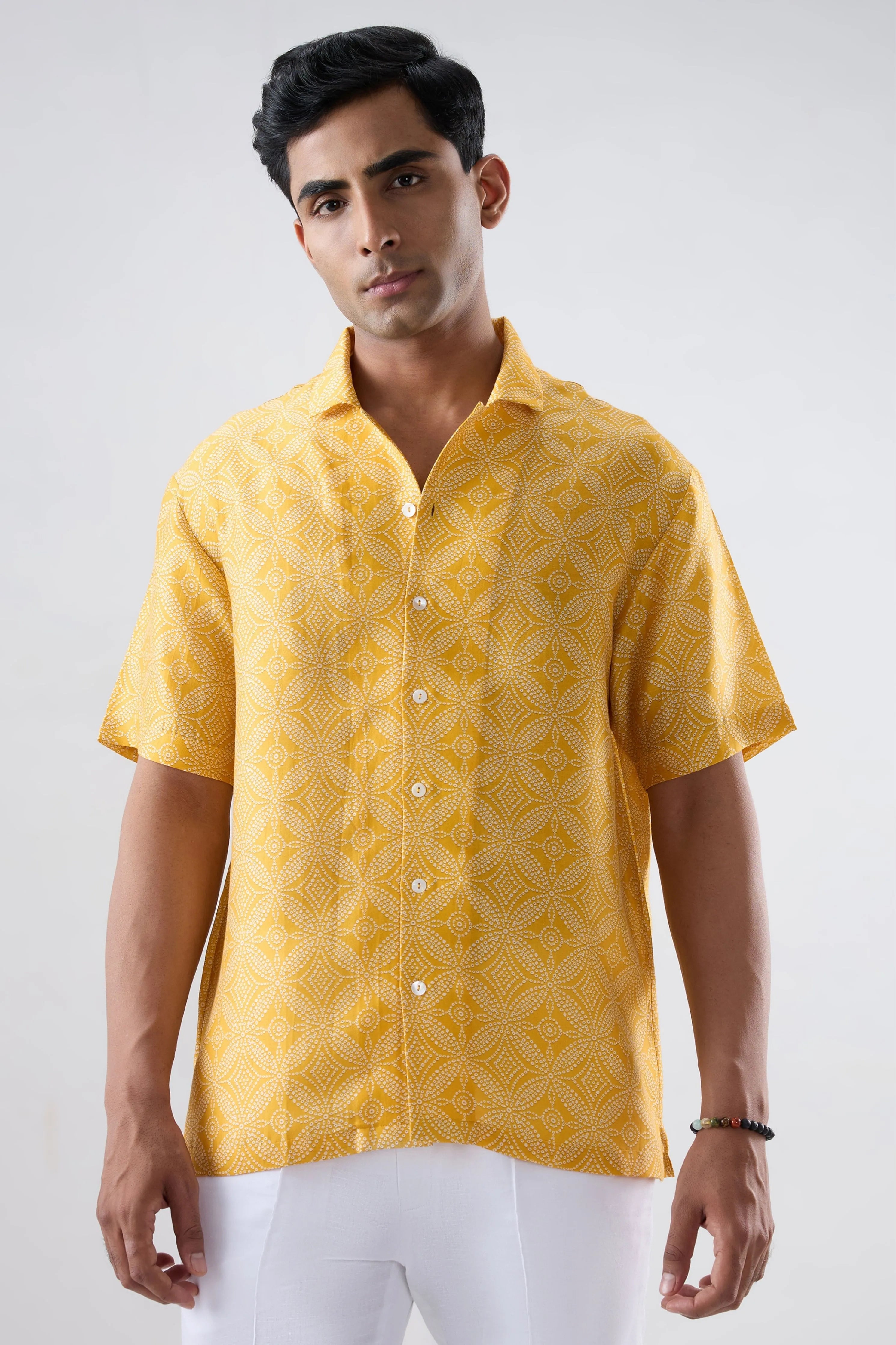Yellow Bandhani Cuban Collar Shirt