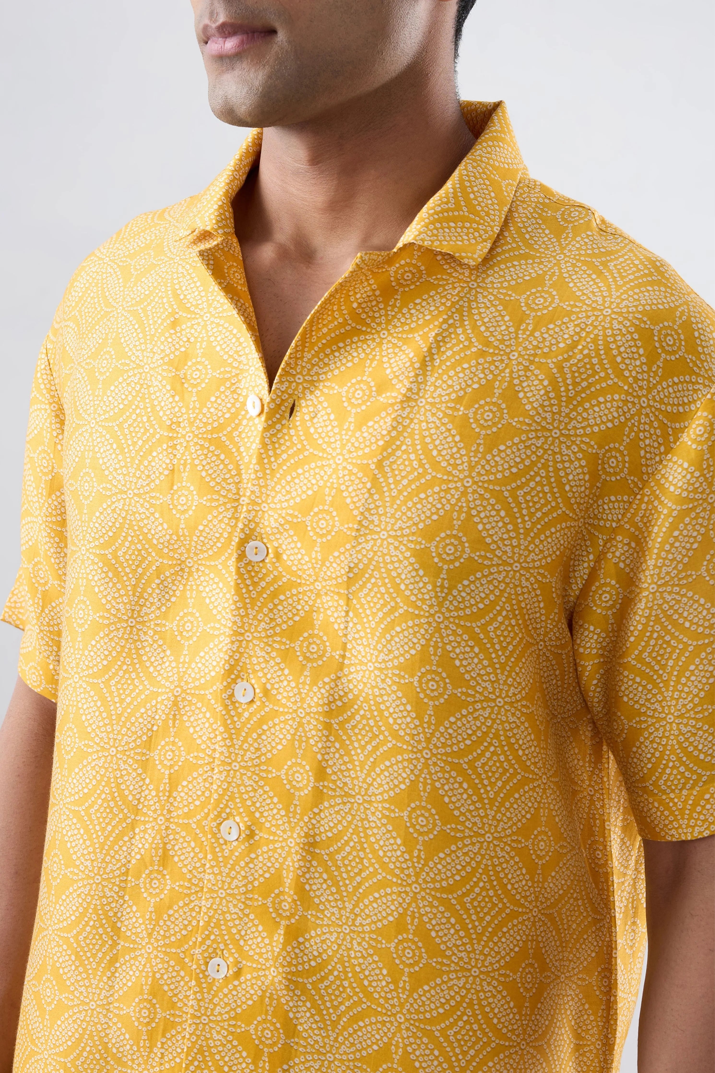 Yellow Bandhani Cuban Collar Shirt