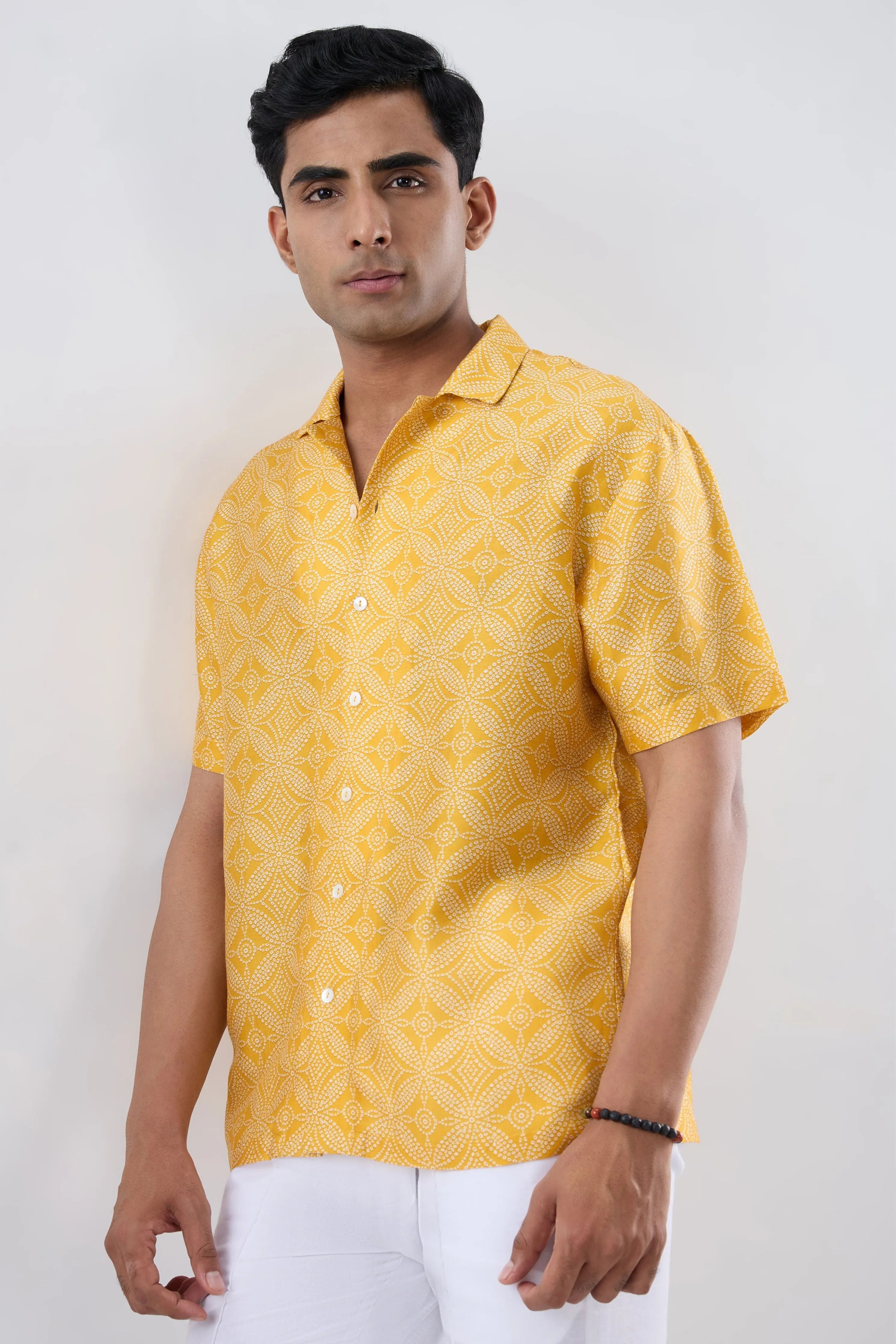 Yellow Bandhani Cuban Collar Shirt