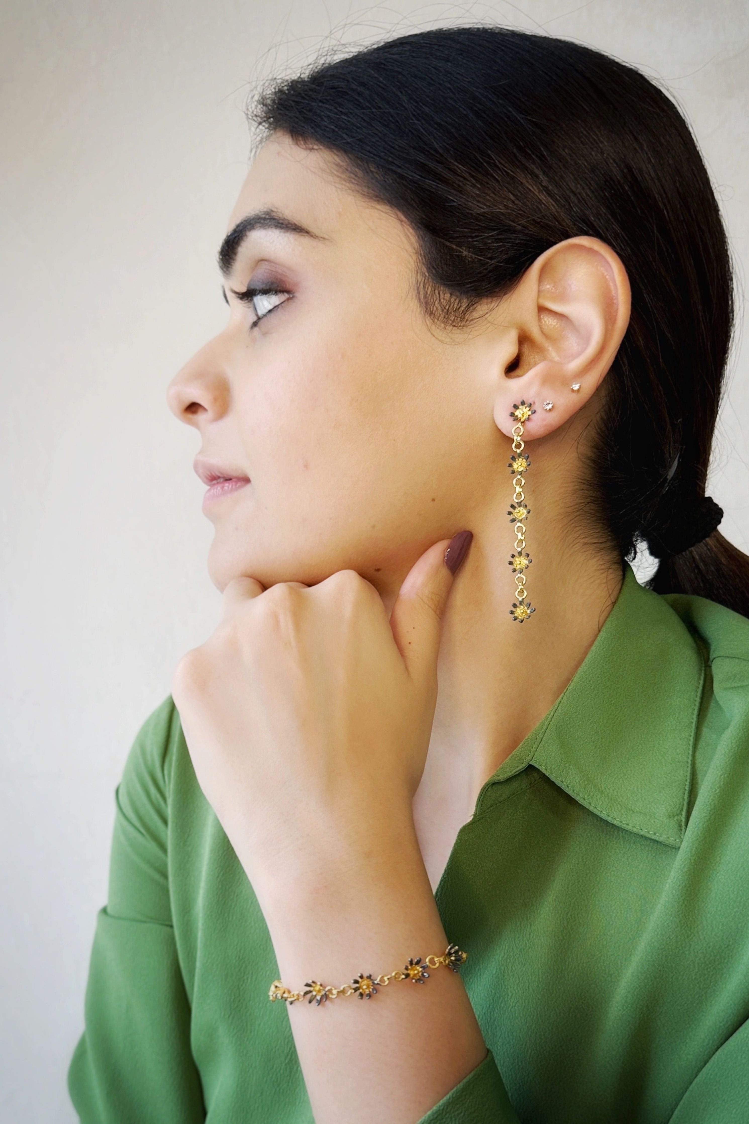 Floral String Dangler Earrings Forget Me Not Blue