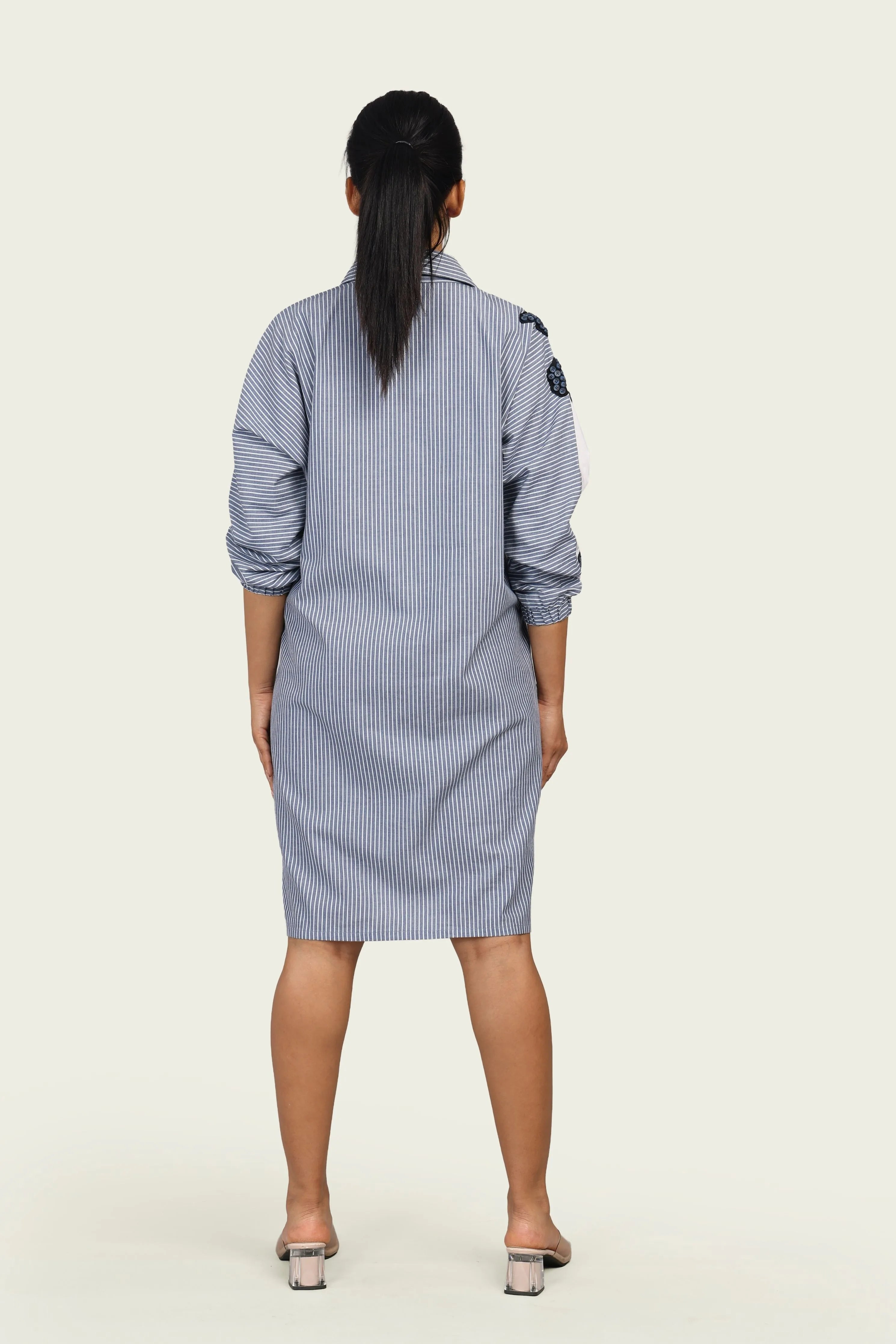 Blue Stripe and White Cotton Dress with Embroidery