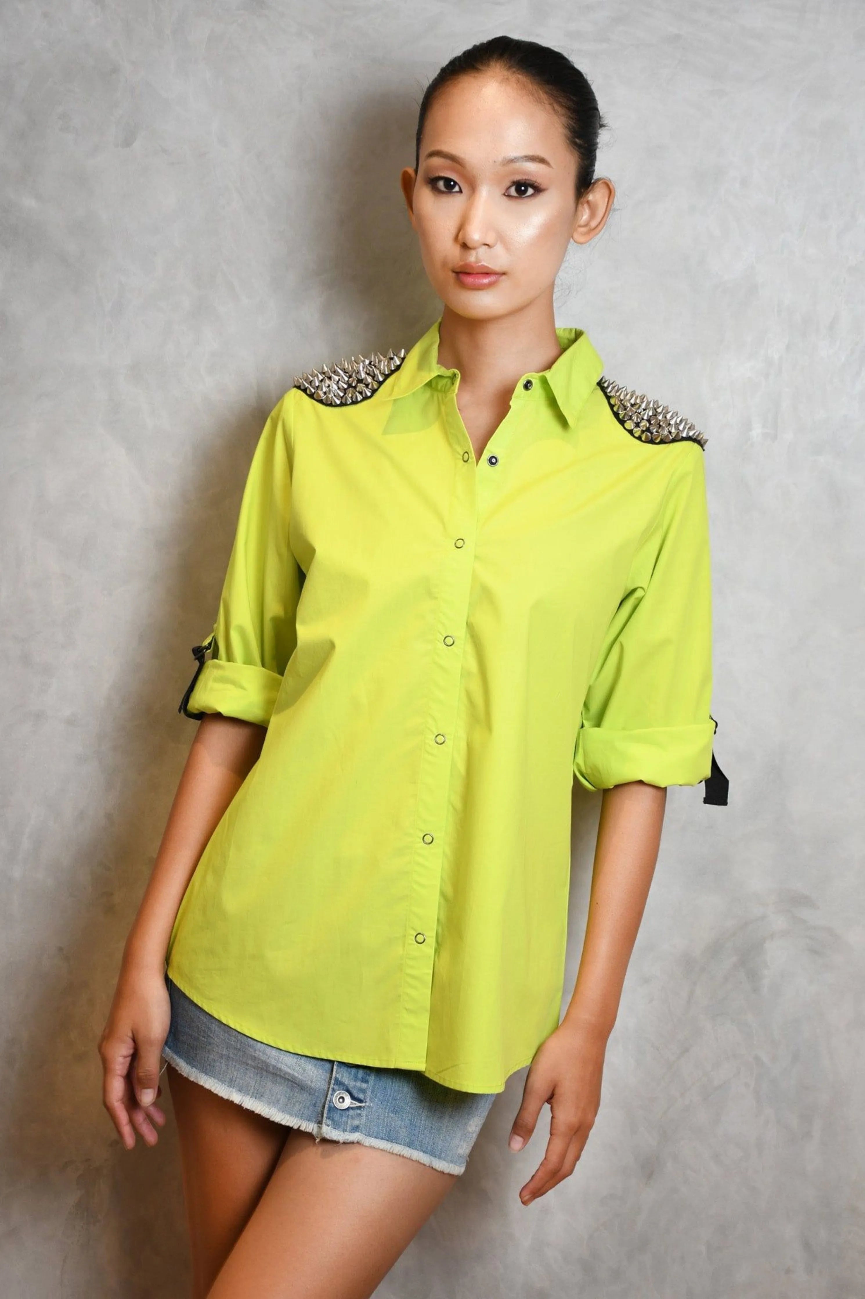 Neon Green Comfort Fit Cotton Shirt With Embroidery