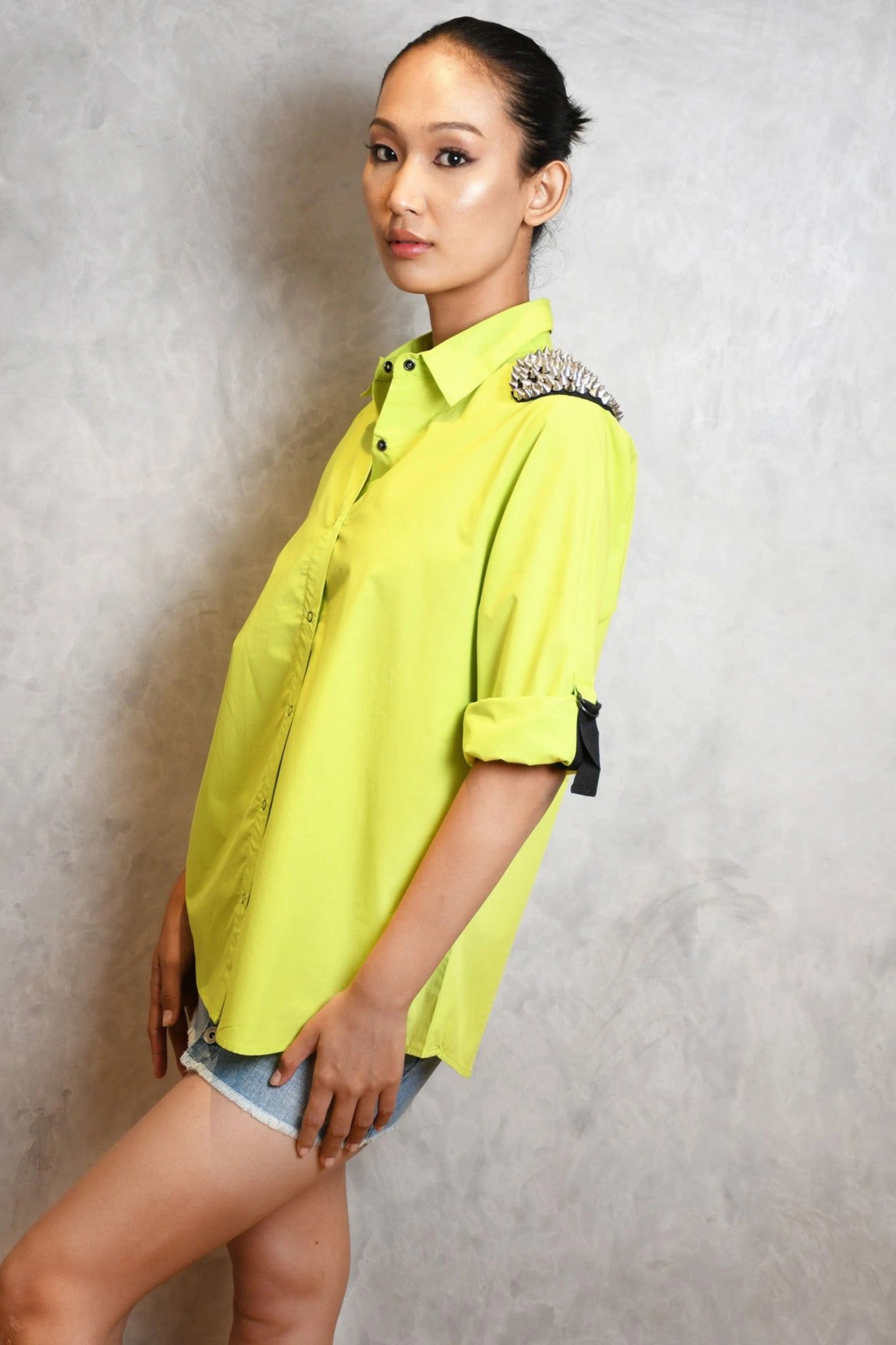 Neon Green Comfort Fit Cotton Shirt With Embroidery
