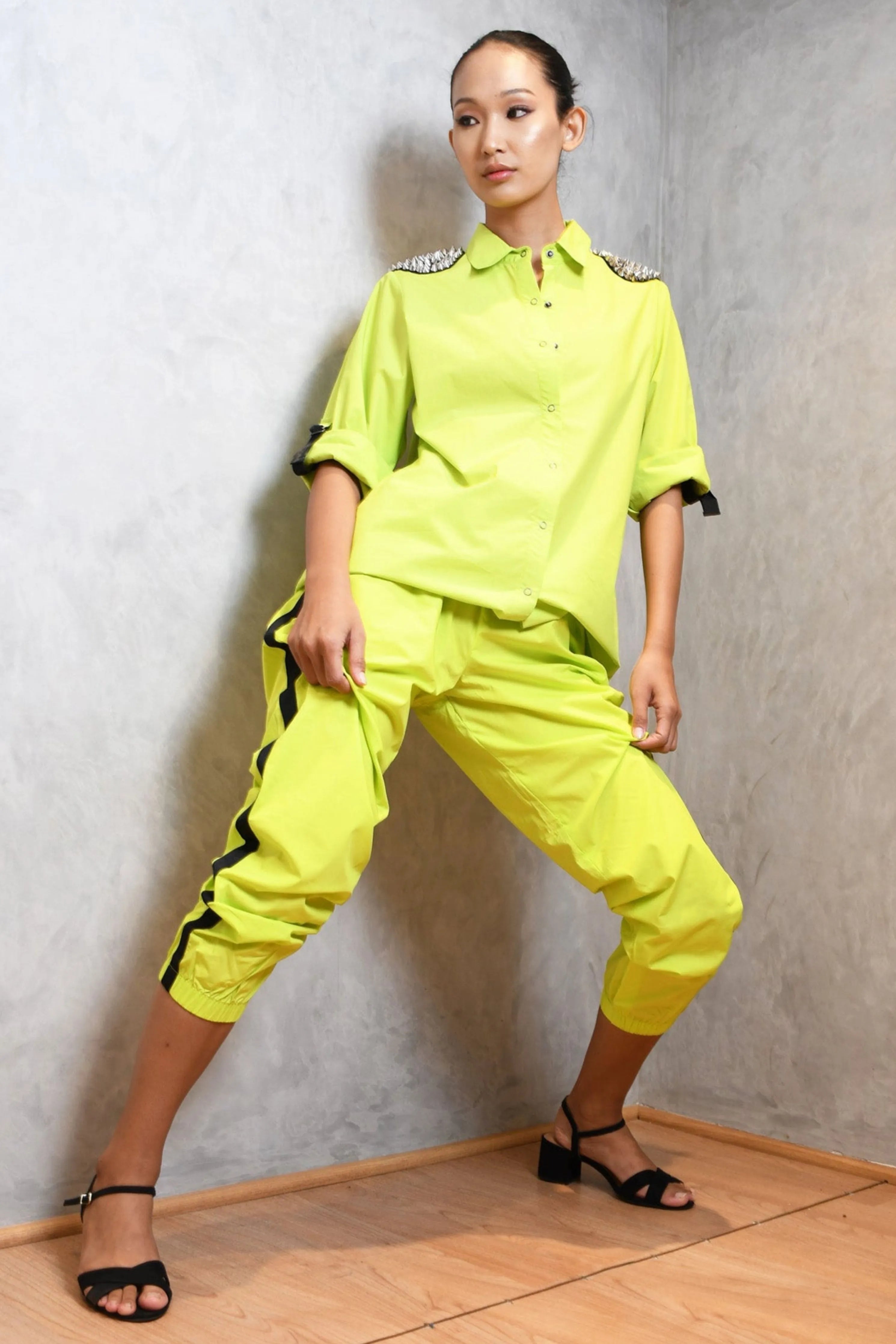 Neon Green Cotton Co-Ord Set With Jogger Pants