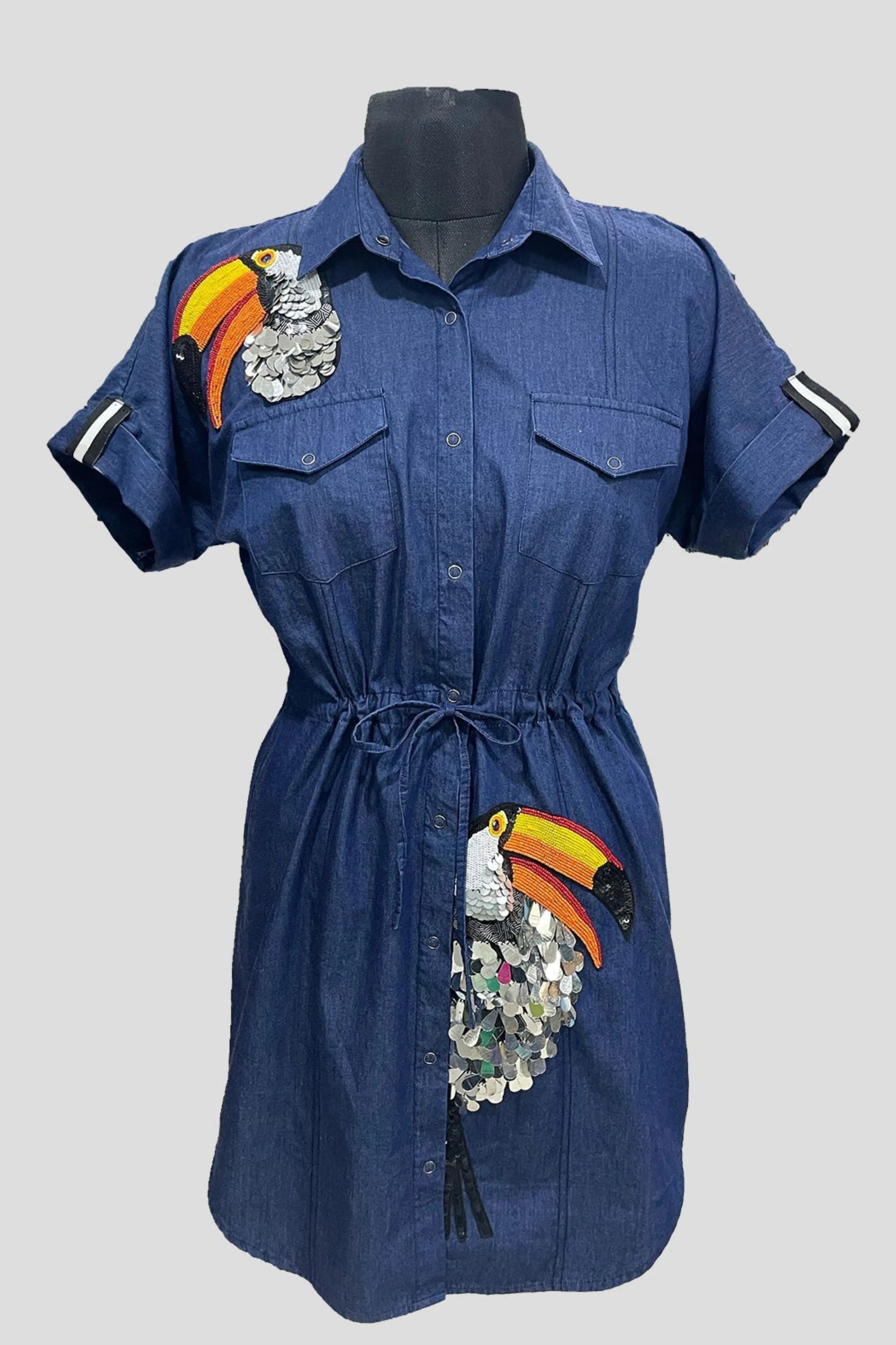 Blue Denim One Piece Kaftan Dress With Embroidery