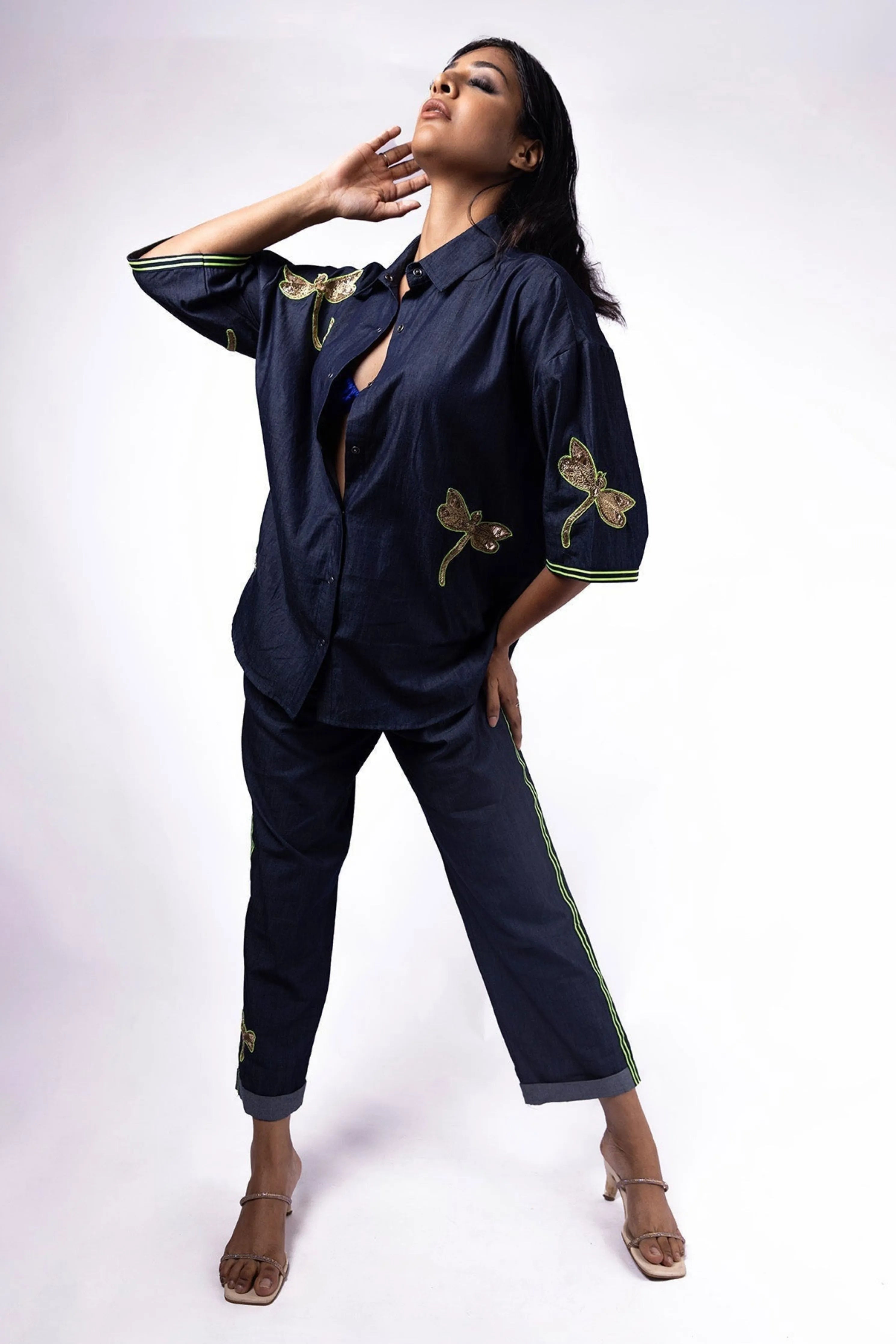 Blue Denim Oversized Fit Shirt With Embroidery