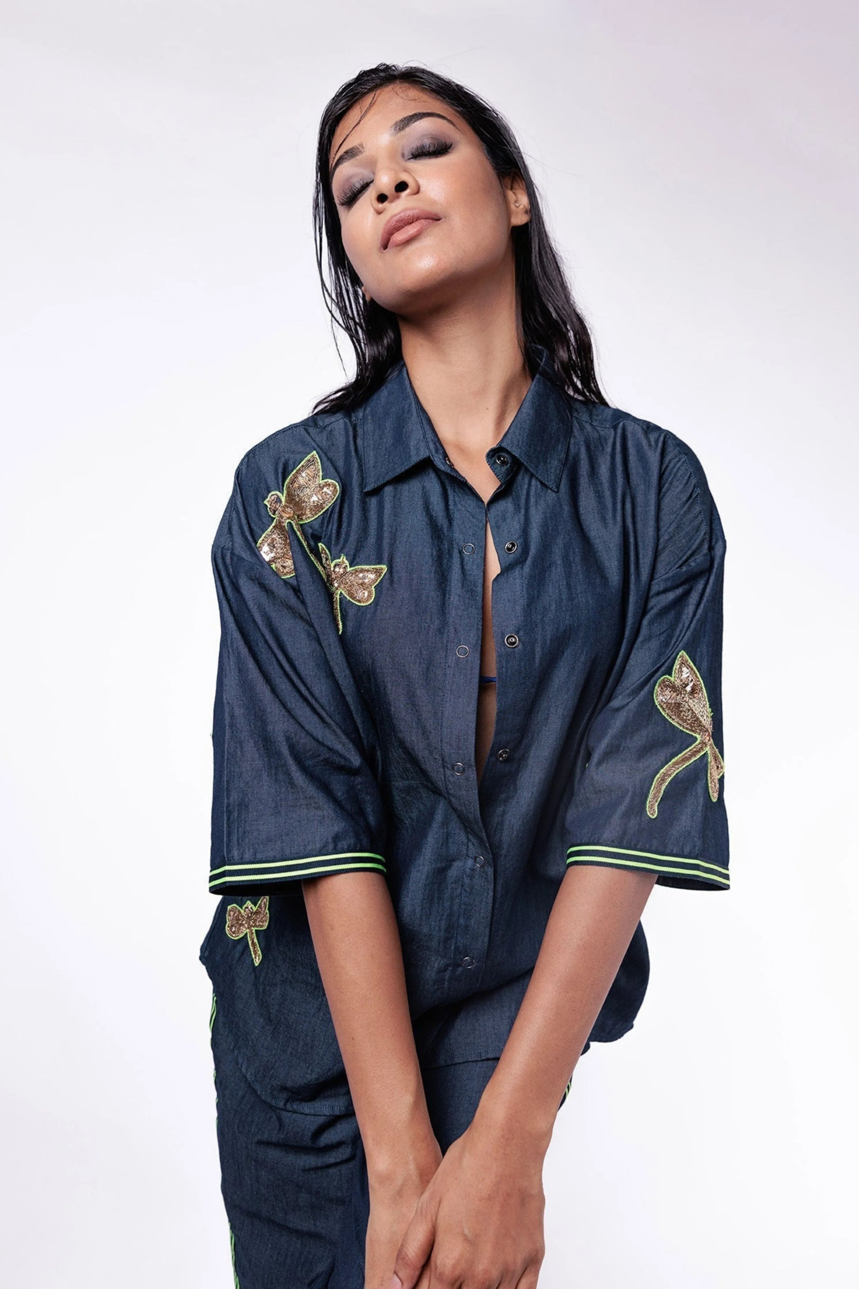 Blue Denim Oversized Fit Shirt With Embroidery
