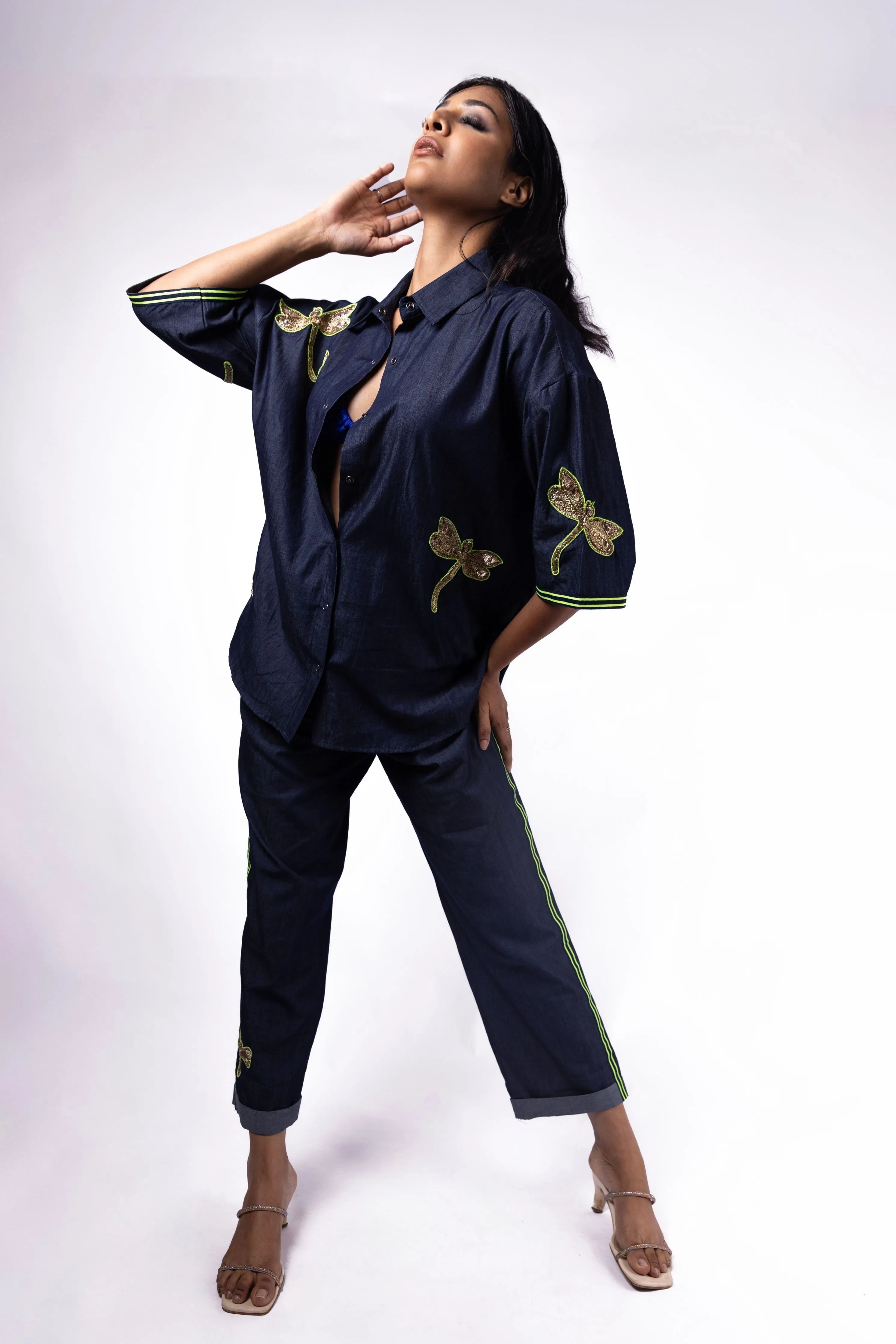 Blue Denim Co-Ord Set With Oversized Shirt And Straight Pants