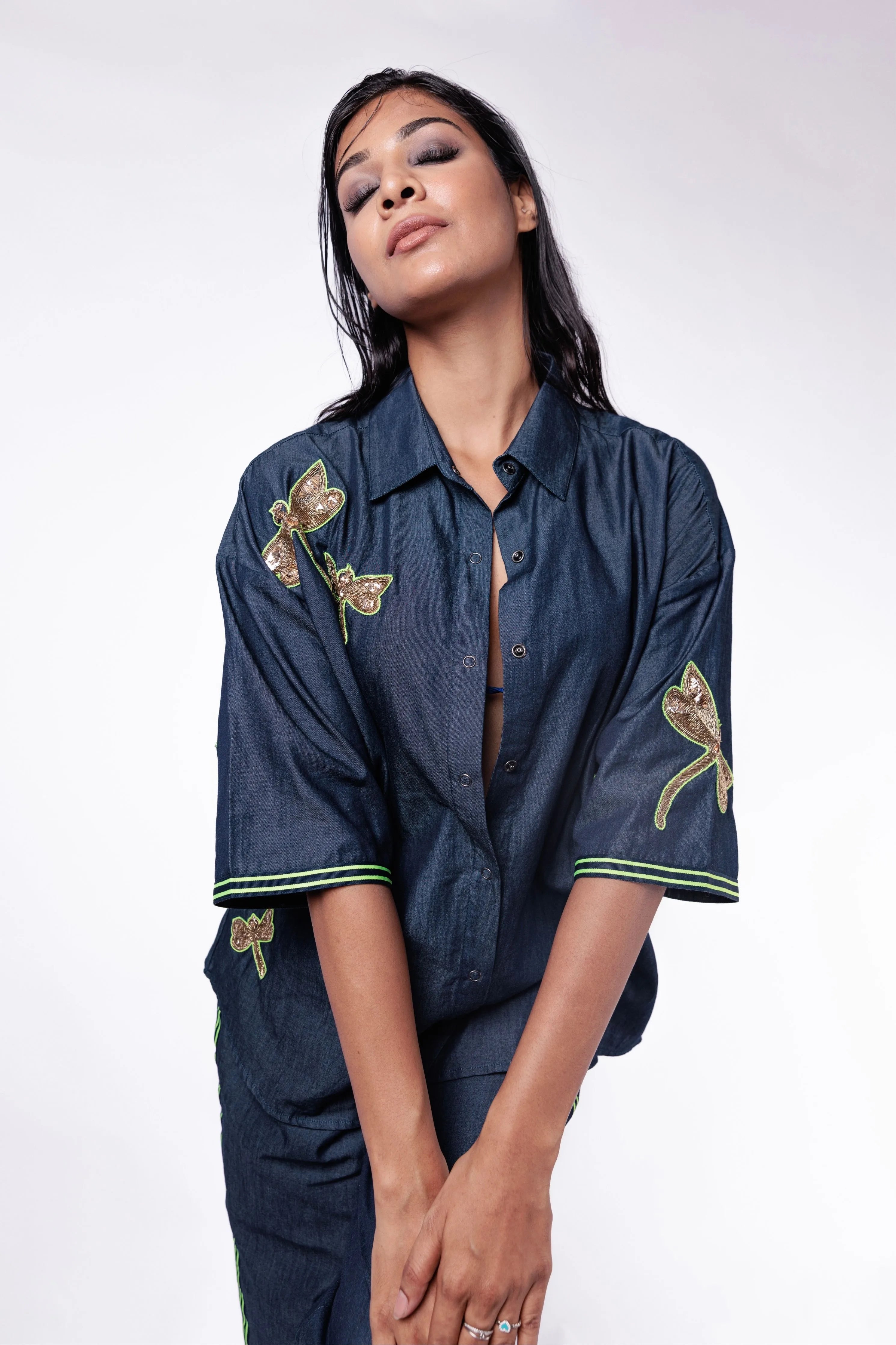Blue Denim Co-Ord Set With Oversized Shirt And Straight Pants