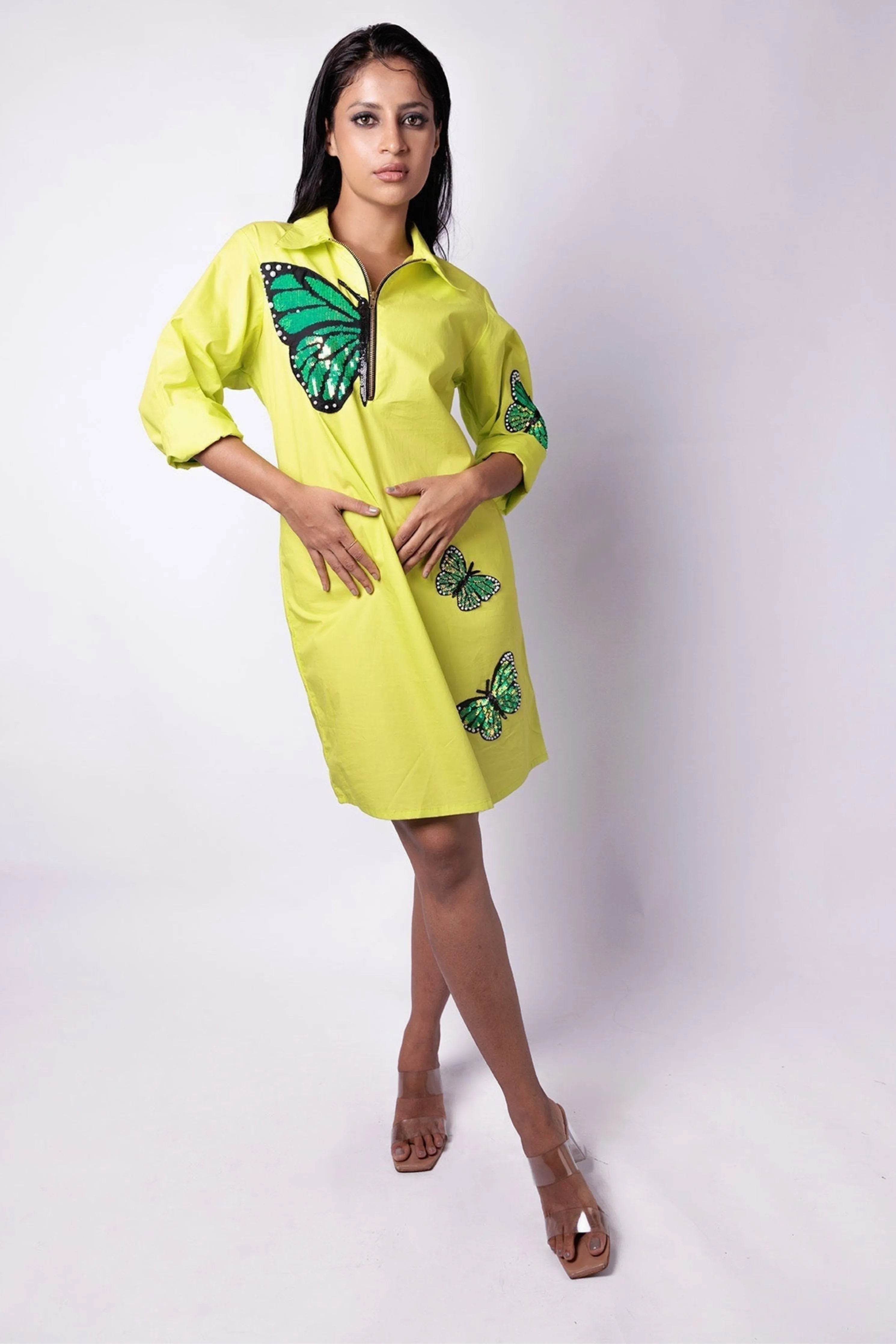 Neon Green One Piece Cotton Dress With Sequin