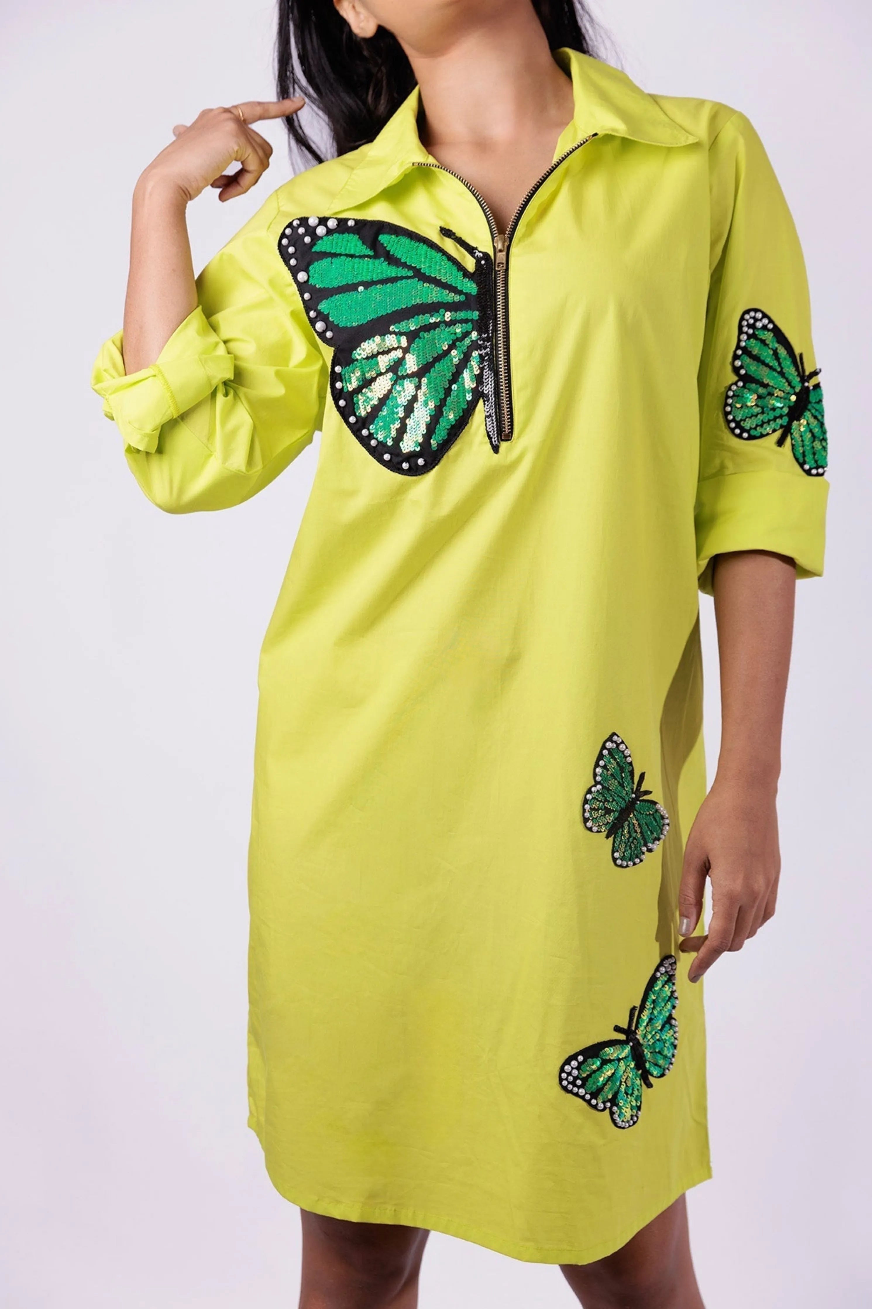 Neon Green One Piece Cotton Dress With Sequin