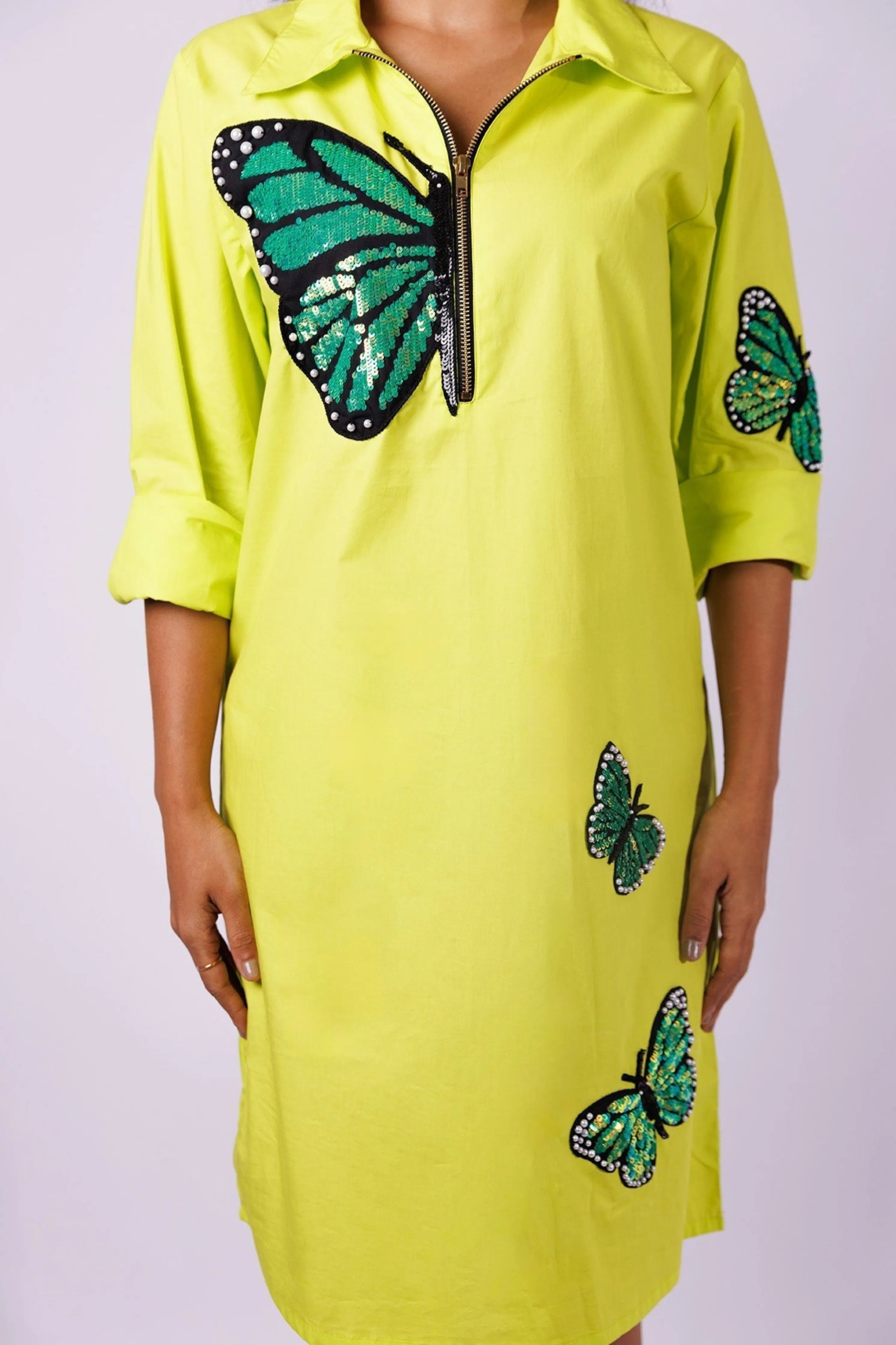 Neon Green One Piece Cotton Dress With Sequin