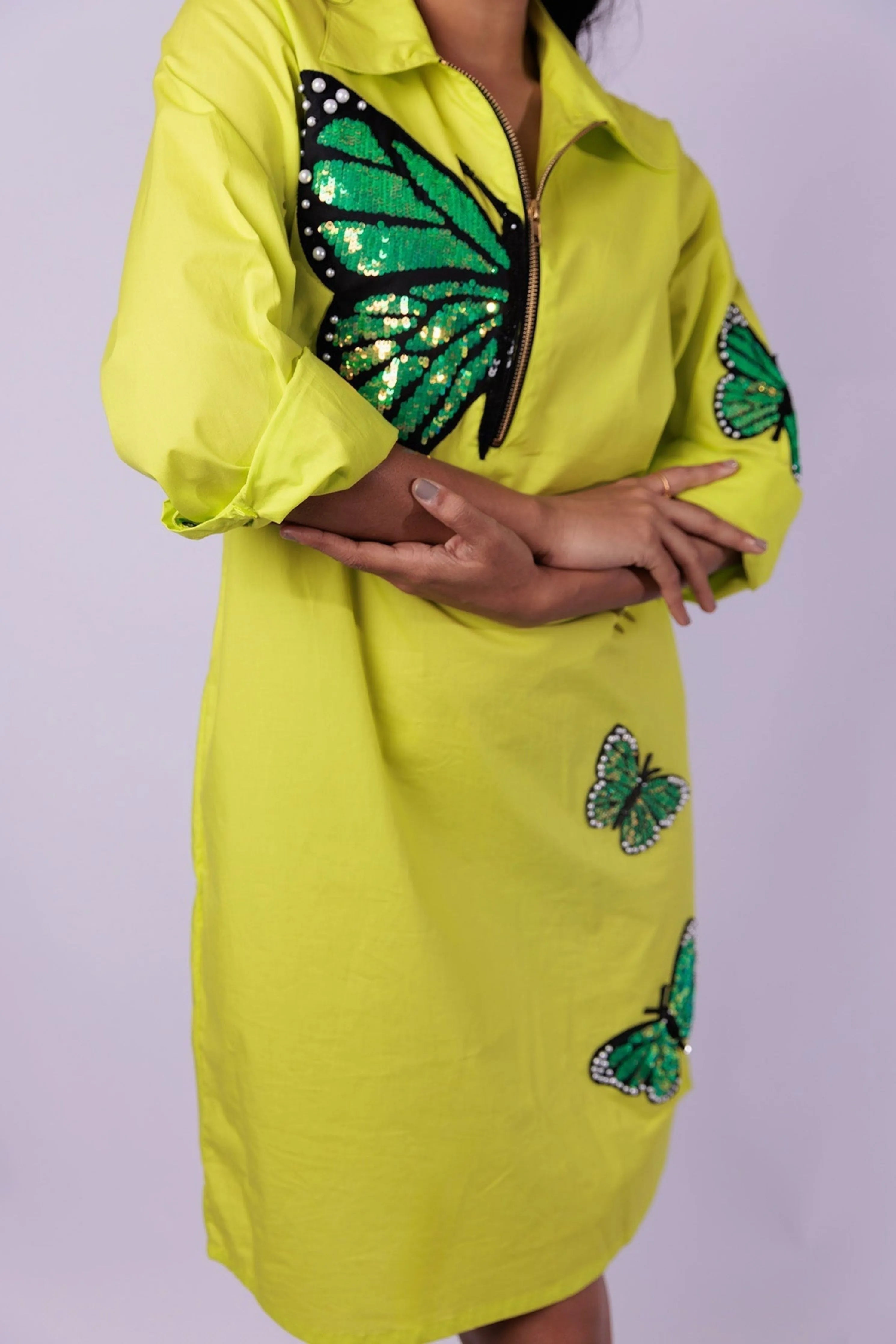 Neon Green One Piece Cotton Dress With Sequin