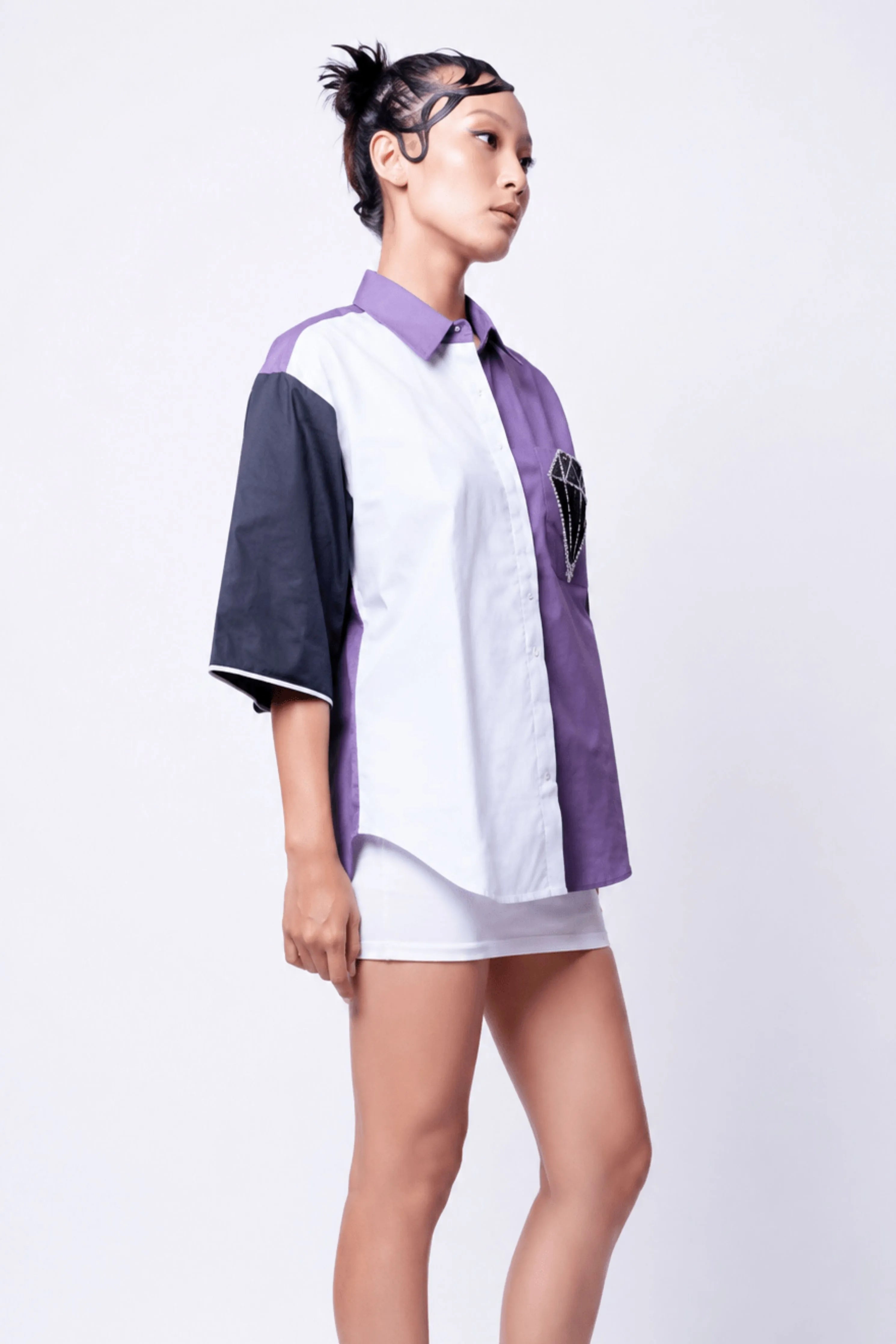 Black, White & Lilac Cotton Shirt Slogan Embroidery