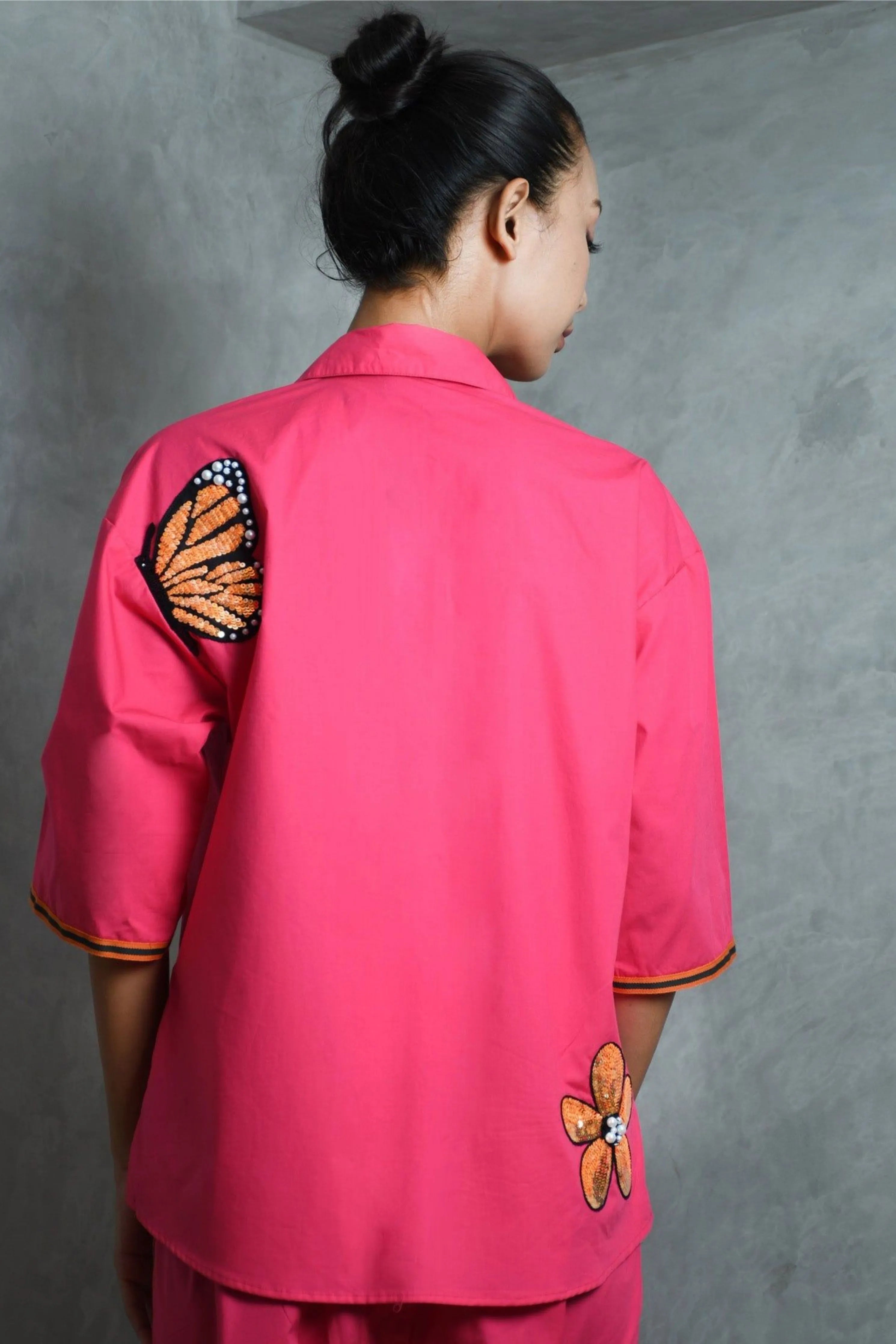 Hot Pink Cotton Co-Ord Set With Oversized Shirt And Straight Pants